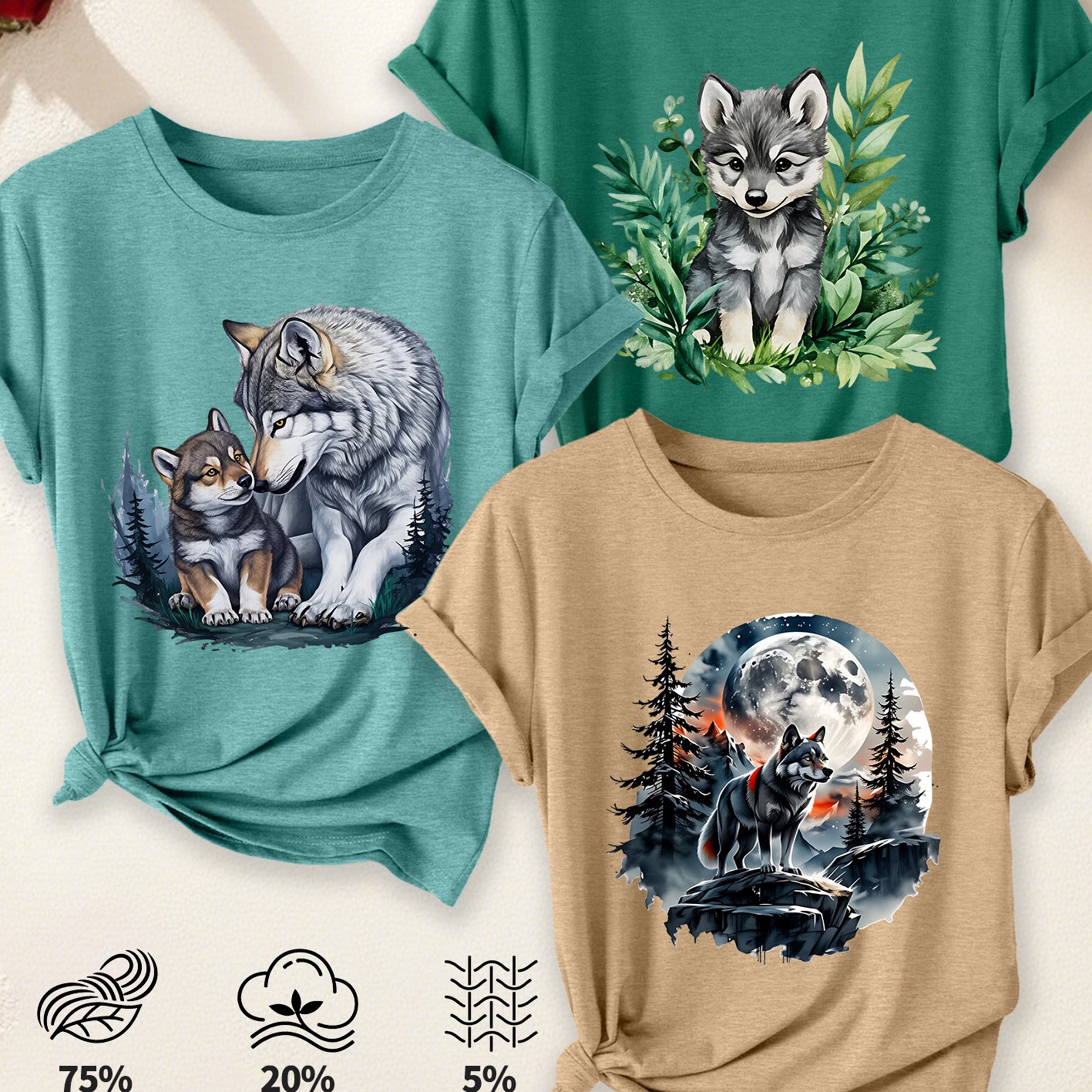 TEMU Walking A 3pcs Women's T-shirt Set Watercolor Wolf Theme Print Summer Casual Elegant Women's Short Sleeve Top Summer Women's Essential Fashion