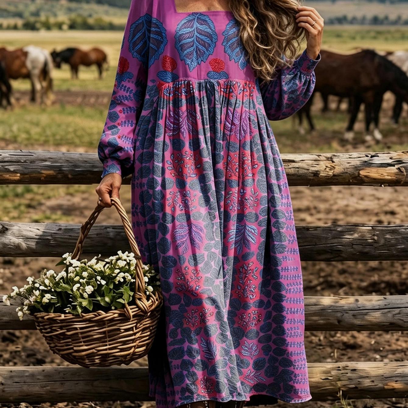 Image of Plus Size - Women Long Sleeve Maxi Dress, Magenta Leaf Neck Lantern Sleeve High Waist Flare Long Dress, Countryside Vacation Market Outfits, Bohemian Style, Breathable Crinkle Fabric