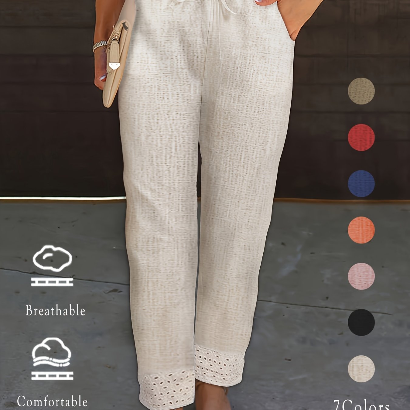 Image of Women' Lace Fashion Matching Professional Natural Fabric Elegant Straight Trousers, Casual Hollow Lace Beach Pants Vacation Outing Comfortable Loose Rubber Side Pocket Material Ankle Pants