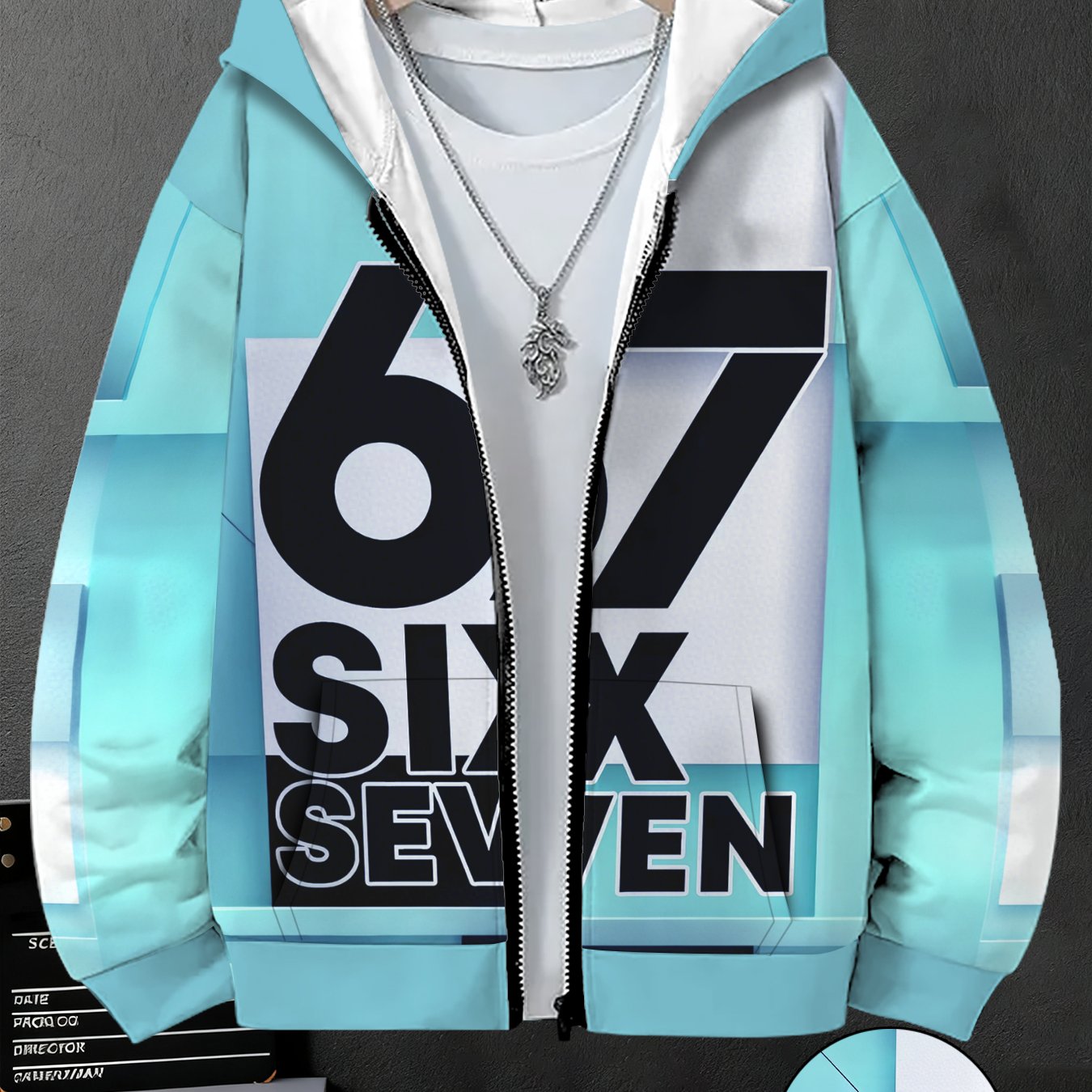 Image of Boys' Zip-up Hoodie Sweatshirt, Teal Contrast 67 Number Print, Fall Winter Pocket Jacket Kids' Fashion Novelty Clothing Casual Versatile Long Sleeve Top
