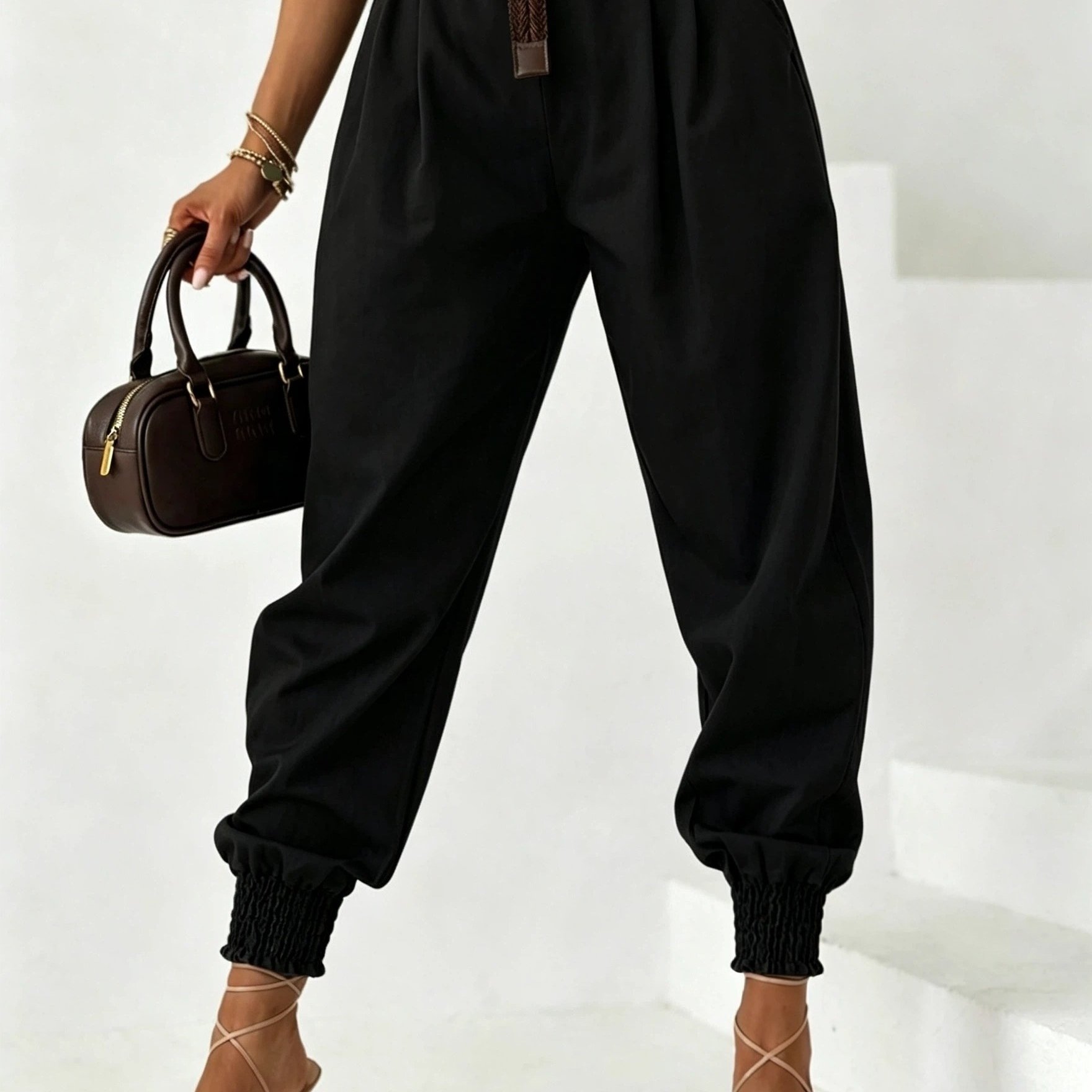 TEMU Women's Casual Solid Color High-waist Harem Pants, Elastic Waist Loose Joggers, Lightweight Fabric Lantern Trousers, Machine Washable And Dry