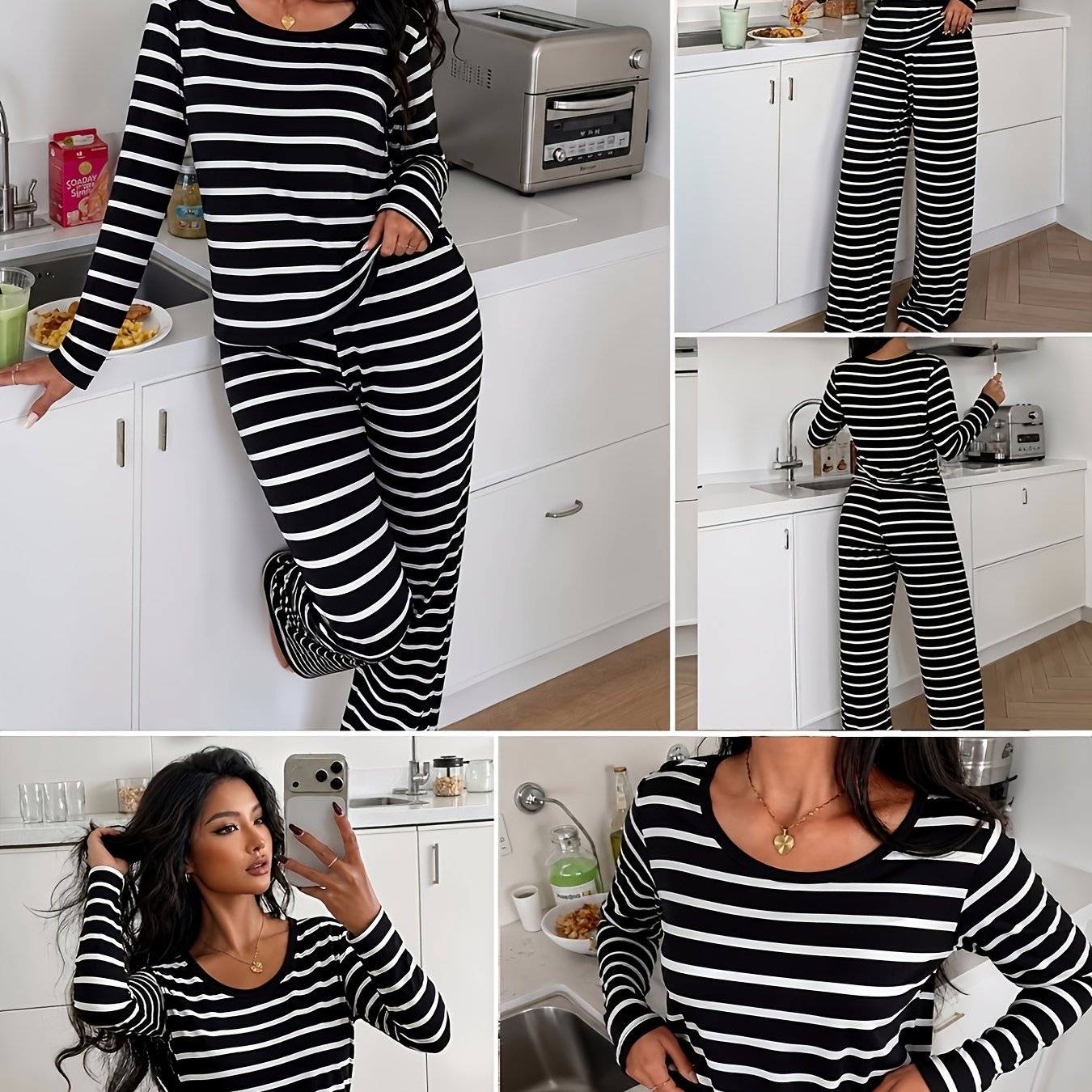 TEMU Women's Pajama And Loungewear 2pcs Set, Spring Summer Autumn Casual Sleepwear, Wear Set, Loose Round Neck Long Sleeve Top And Elastic Waist Long