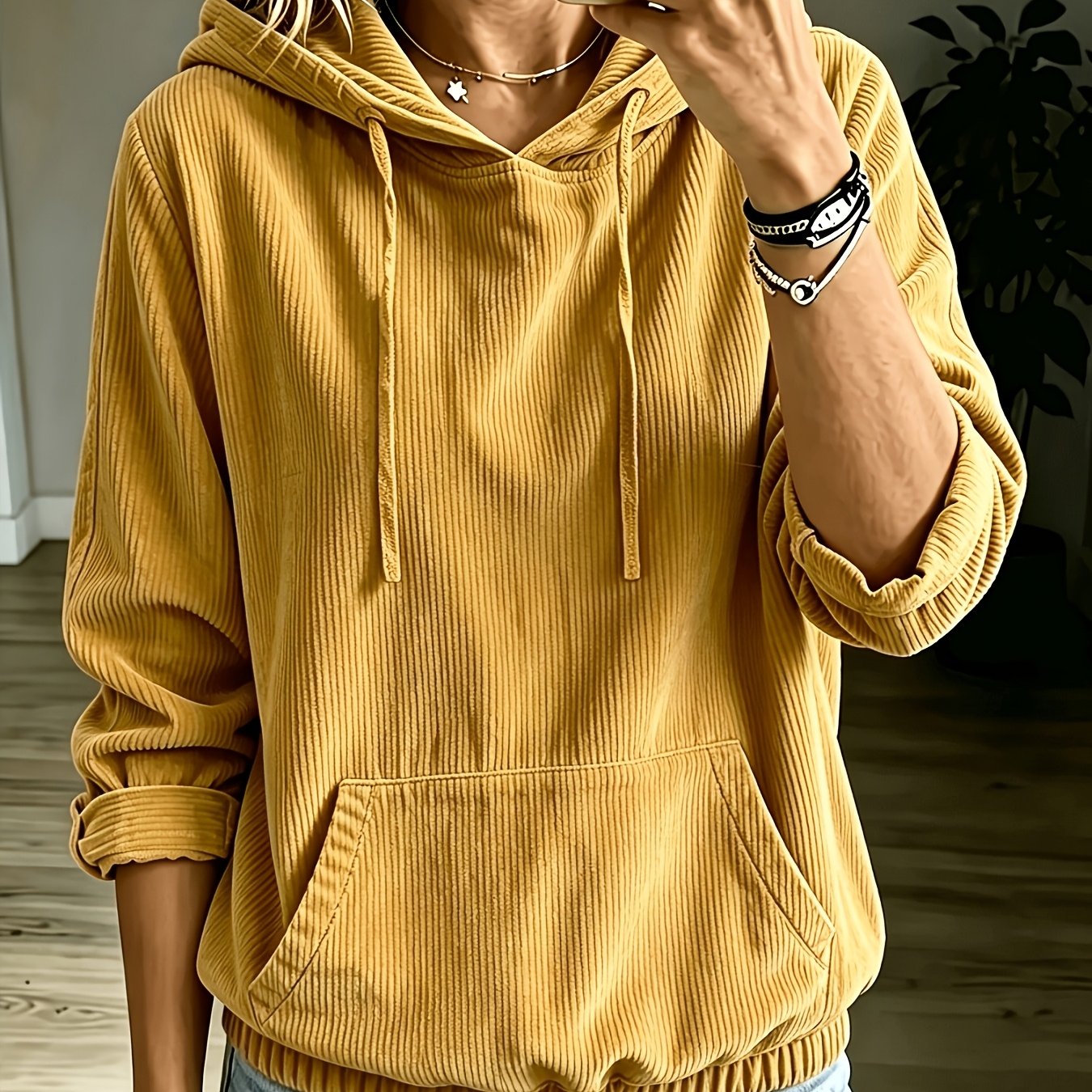 TEMU Plus Size, Plus-size Corduroy Jacket Hooded With Pockets & Drawstring Hood - Corduroy Outer, Machine Washable Suitable For Fall/winter, Elegant