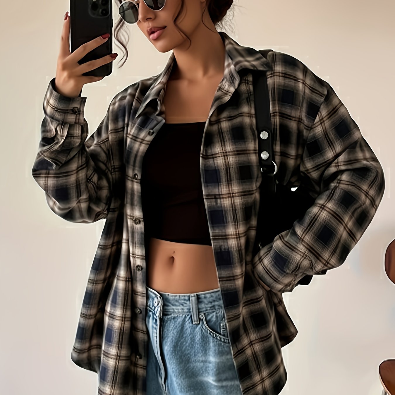 E-shop Damen Freizeit-Shirt mit Karomuster, überschnittenen Schultern langen Ärmeln, Vintage-Stil, maschinenwaschbar, Polyesterfaser, blickdicht,
