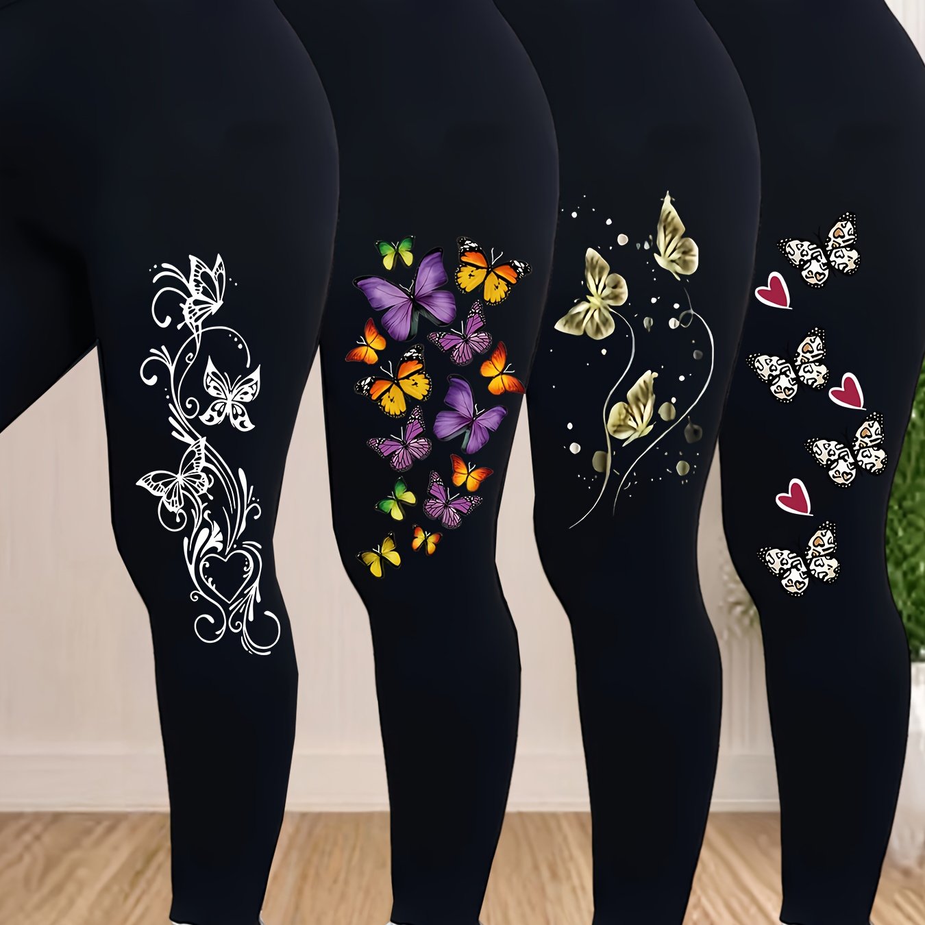 TEMU Plus Size - Plus Size - Extension 4pcss Plus Size Casual Pants, Women's Floral Print Elastic High-stretch Leggings 4pcs Set