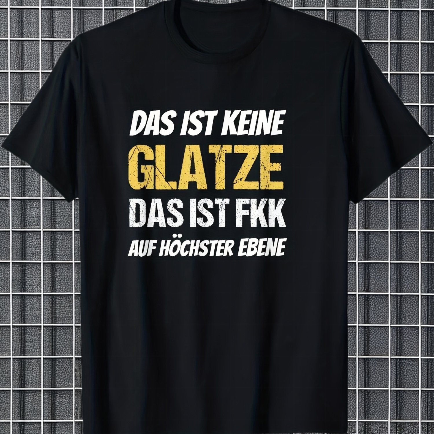 Men's Funny Bald Head Graphic T-shirt-das Ist Keine Glatze Das Ist Fkk Yellow Text-black Shirt With White Background- Casual Tee For Gym, Parties, Casual Attire, Plus Size