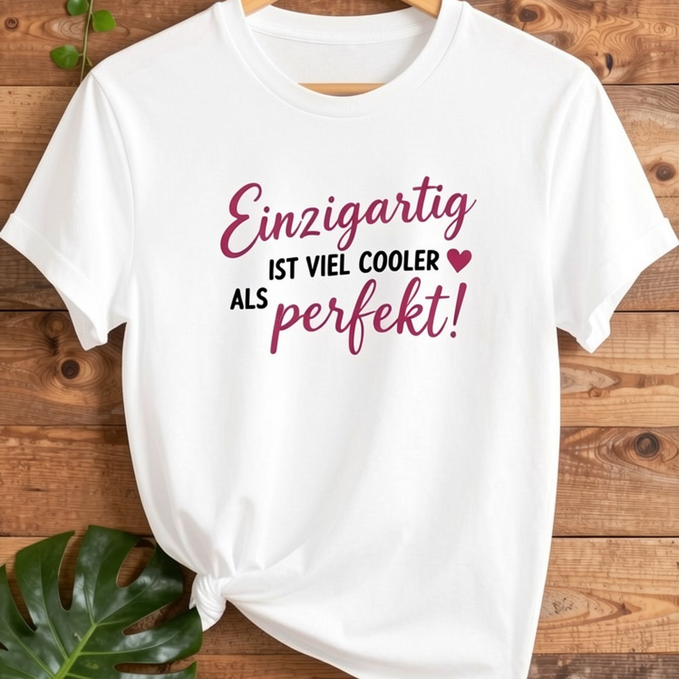 Women's German T-shirt "unique Is Cooler Than Perfect" - Soft Stretchy Loose Fit Round Neck Short Sleeve Top With Pink German Text Print, Casual Casual Attire Suitable For