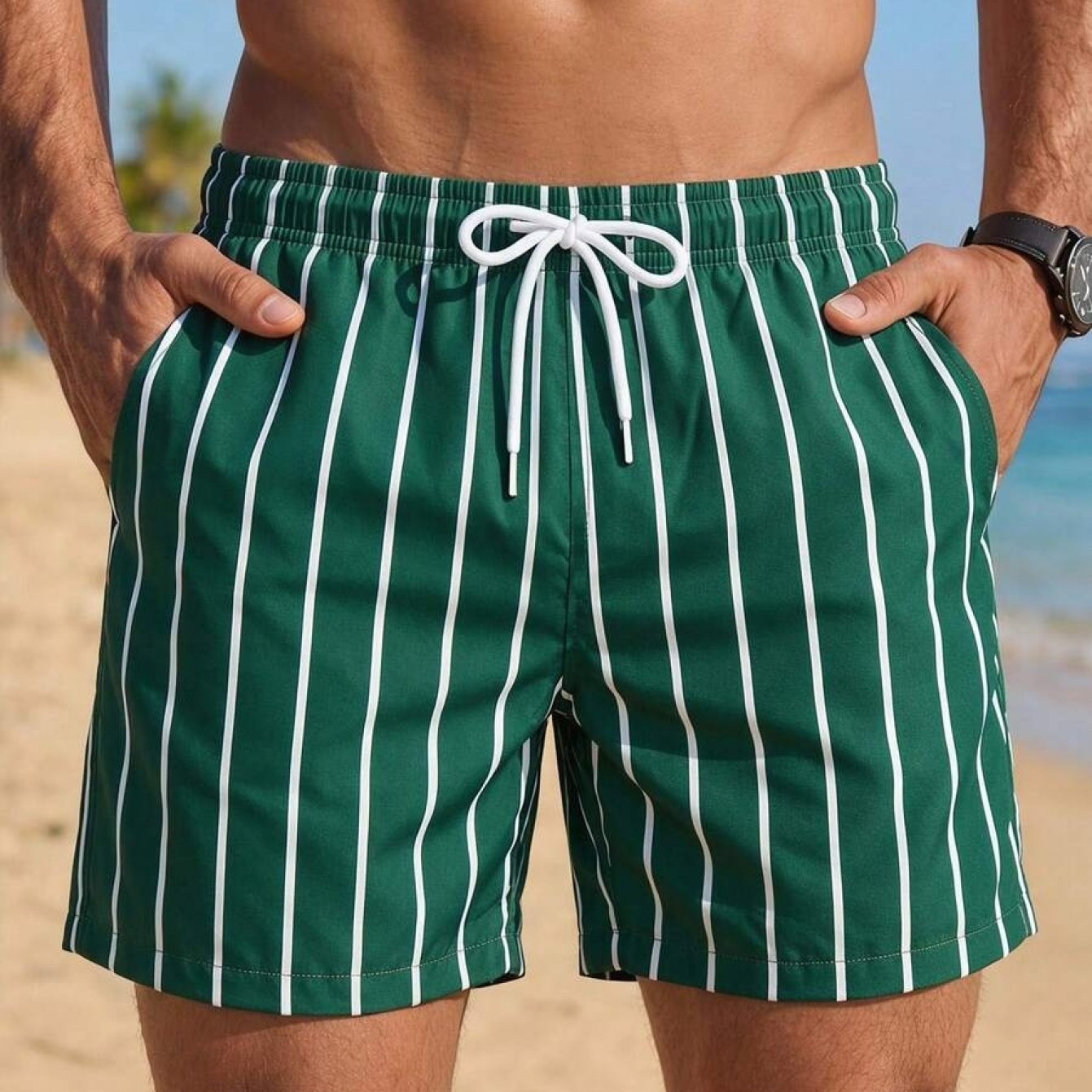TEMU Men's Striped Drawstring Waistband Beach Shorts, Lightweight Breathable Quick-dry [ - No Texture]