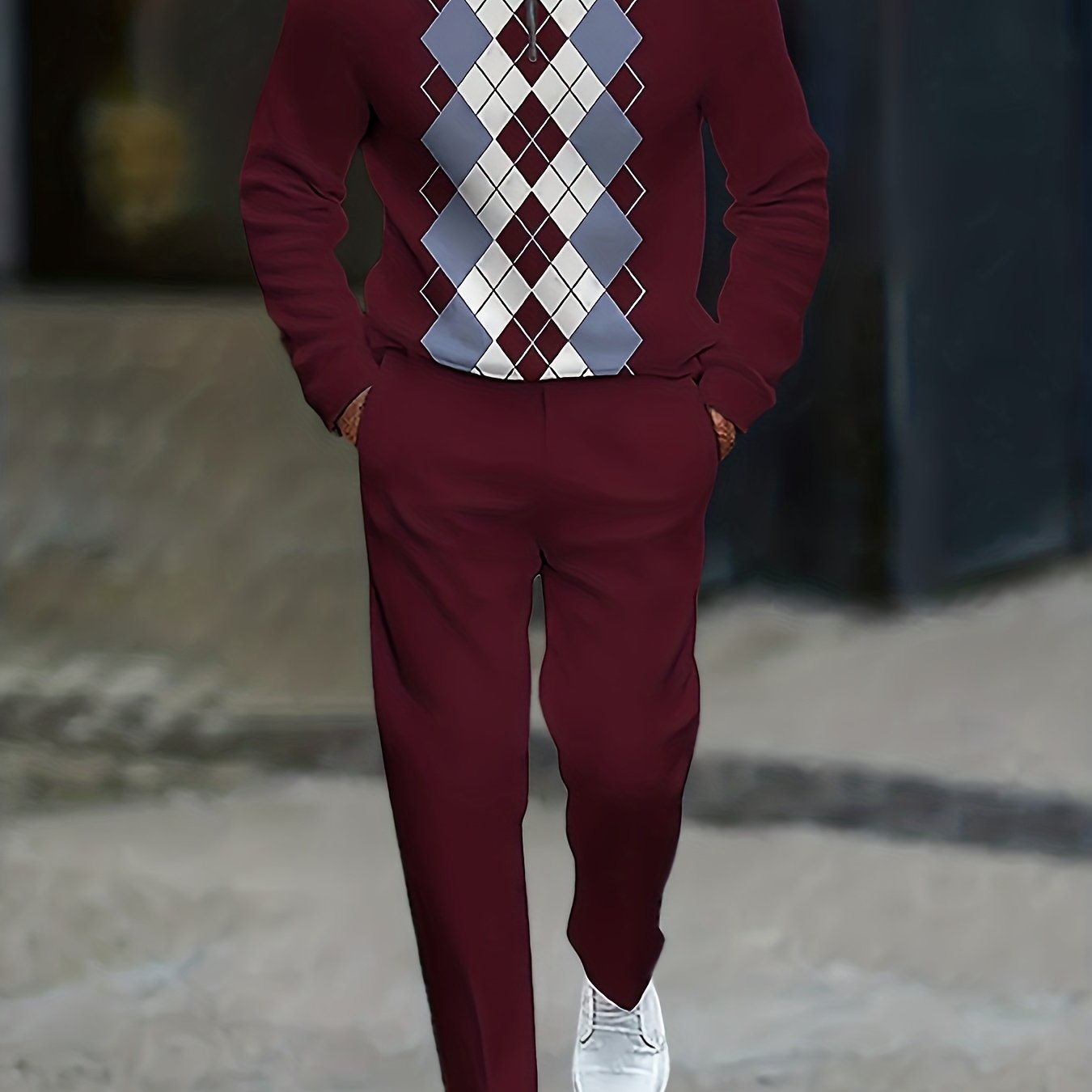 TEMU 's Vintage Diamond-patterned Suit Featuring A Burgundy Half-zip Sweater And Matching Burgundy Trousers, Designed With A Retro Feel And Rich