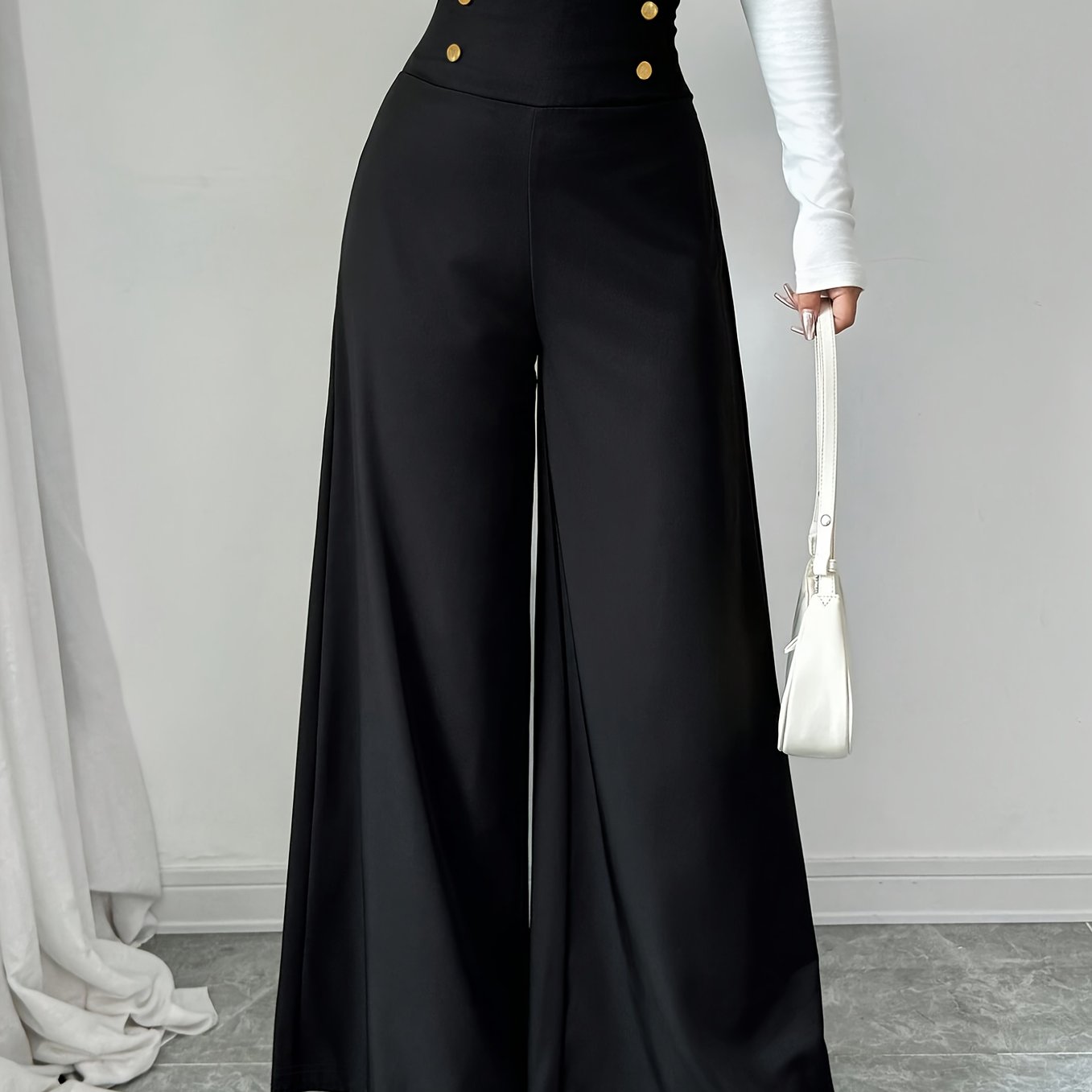 E-shop Europäische amerikanische minimalistische elegante einfarbige schwarze Hose mit hoher Taille weitem Bein, geeignet für Arbeit Büro. Goldene
