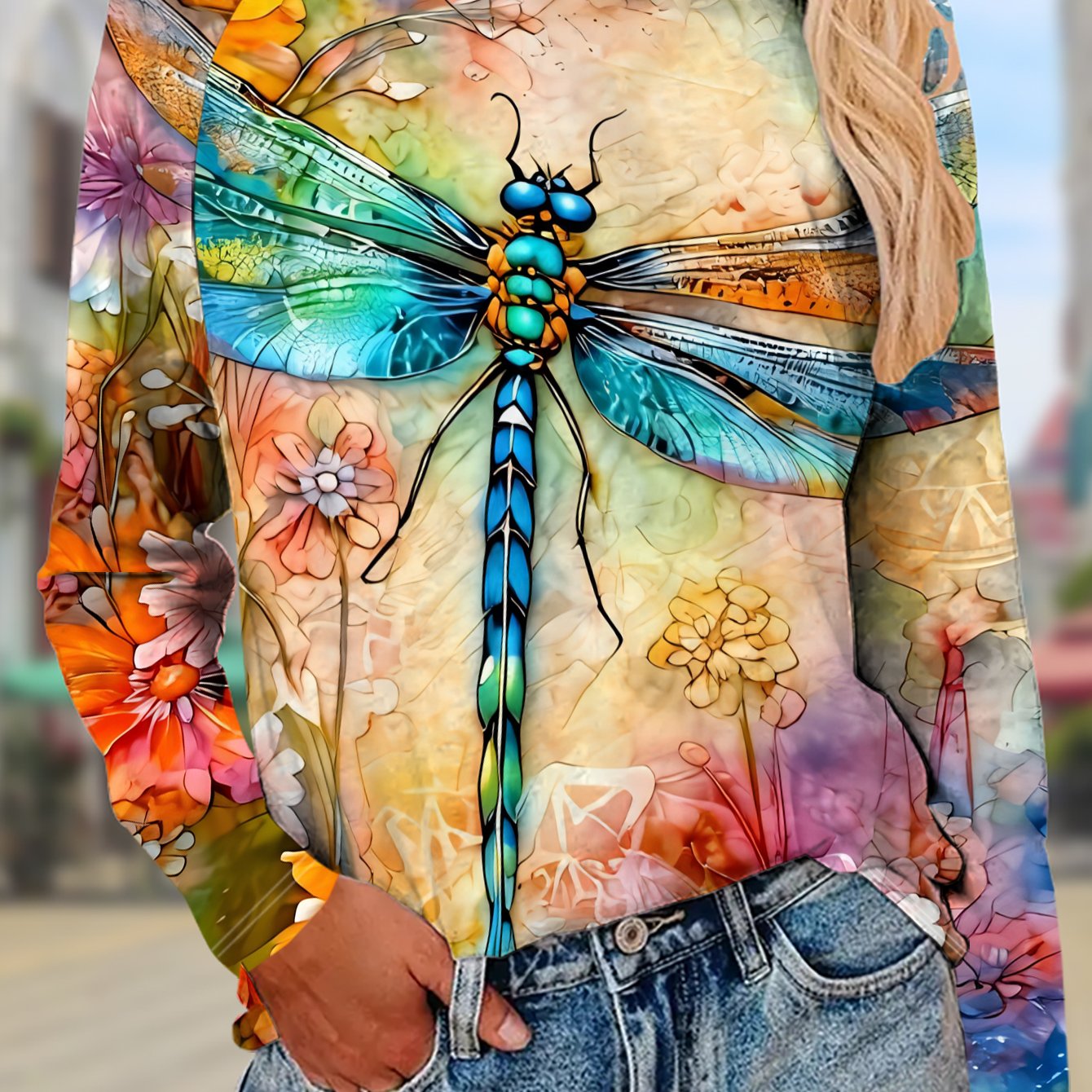 TEMU Women's Versatile Long-sleeve Crew Neck T-shirt | Watercolor Dragonfly On Colorful Floral Background, Casual Spring/fall, Slight Stretch Fabric,