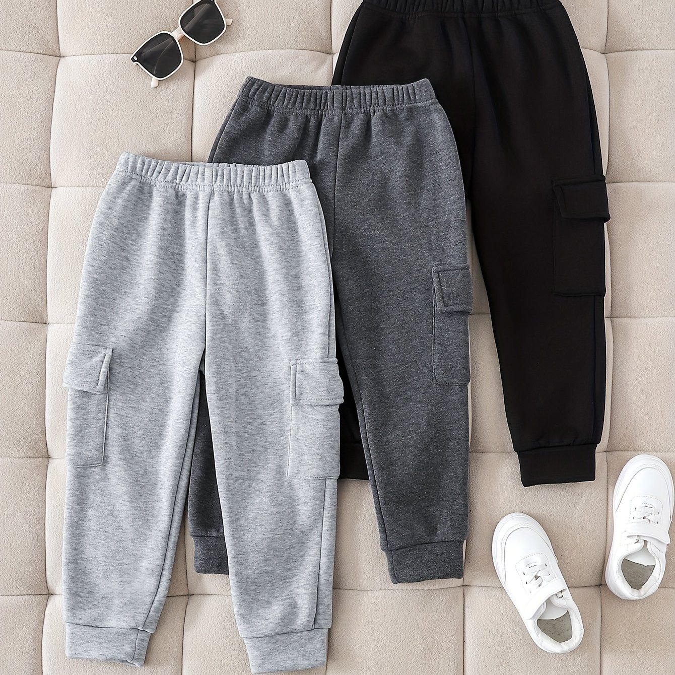 Image of 3pcs Boys' Autumn/winter Solid Color Pants In Light Gray + Dark Gray + Black With Pockets, Fashionable And Trendy, A Gift, Perfect For Outdoor,christmas,halloween