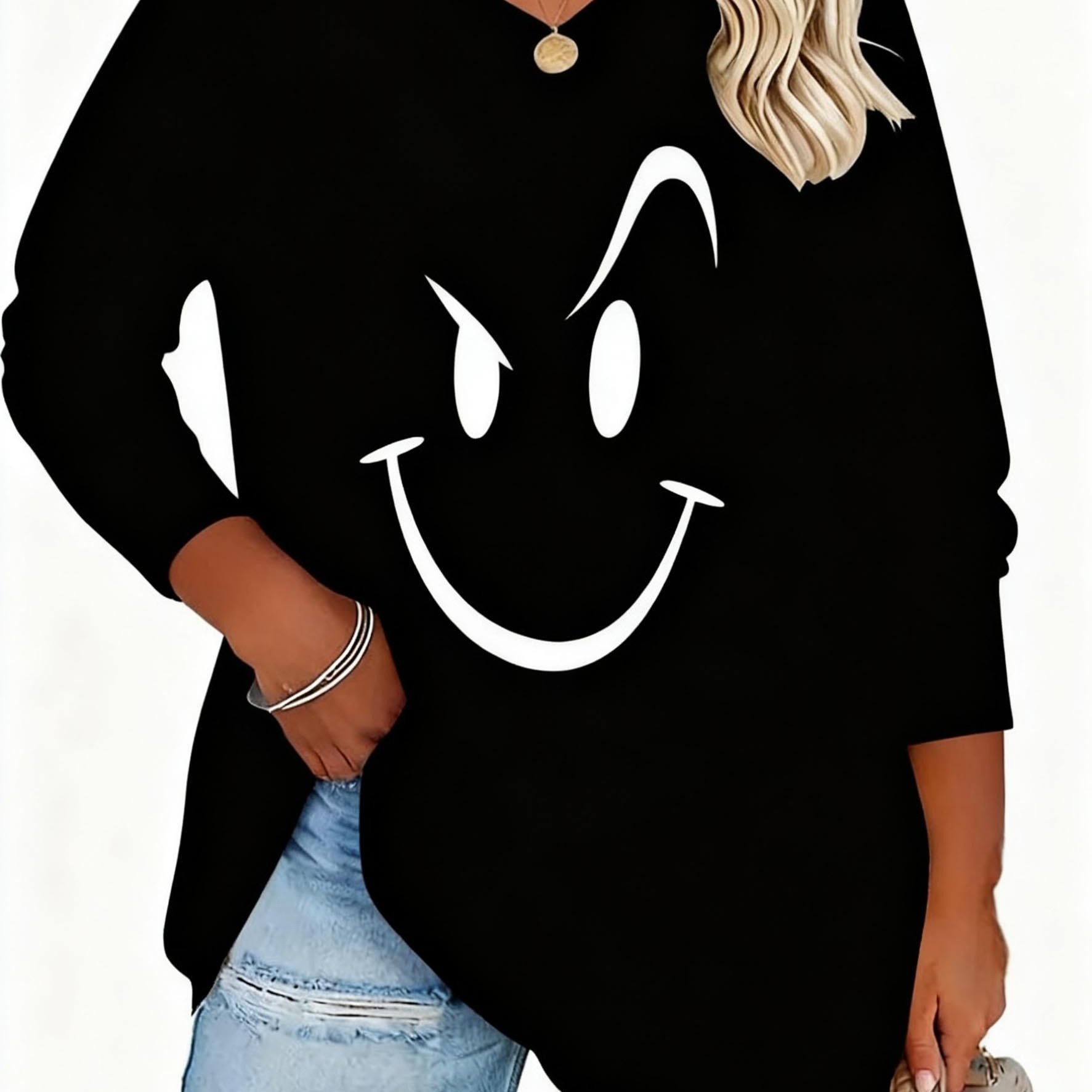 E-shop Plus Size, Elegantes V-Ausschnitt Damen Langarm T-Shirt in Uni & Geometrischem Design – Glattes Material, Mittlere Dehnbarkeit, Ganzjahres-Bluse