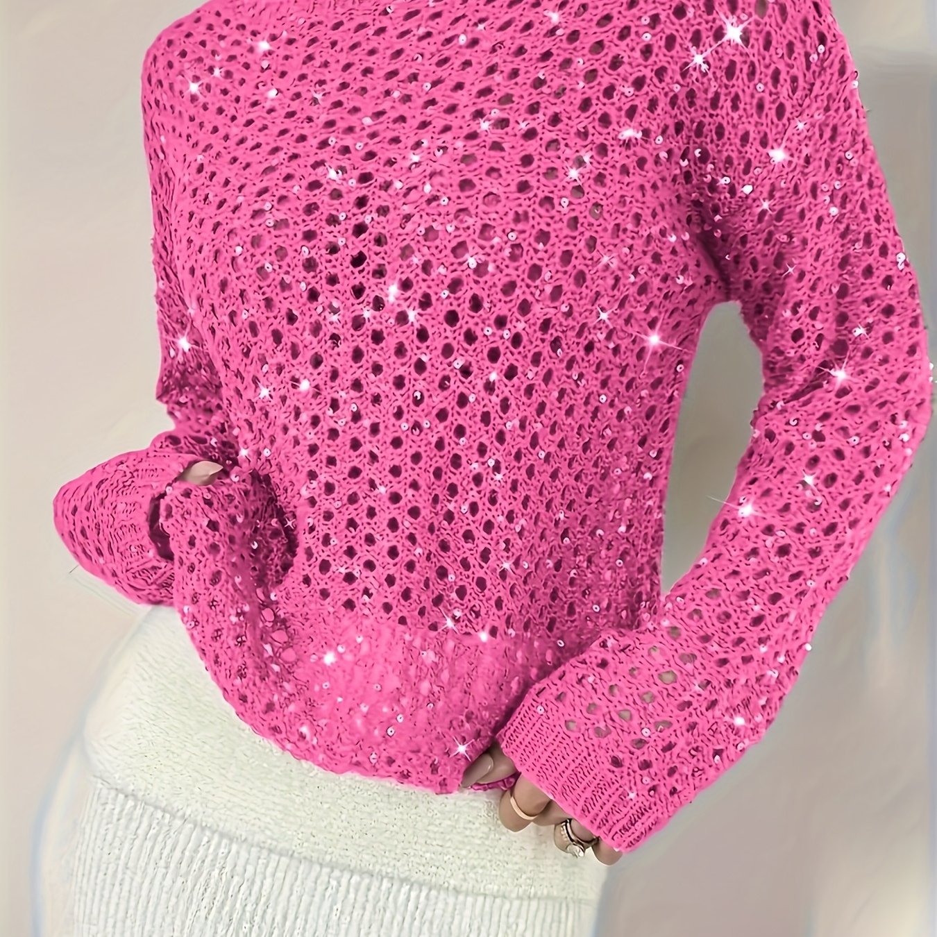 E-shop Neuer Bestseller: Lässiger, modischer, lockerer, einfarbiger Langarm-Pullover mit Lochstickerei Rundhalsausschnitt für Damen – für Frühling,
