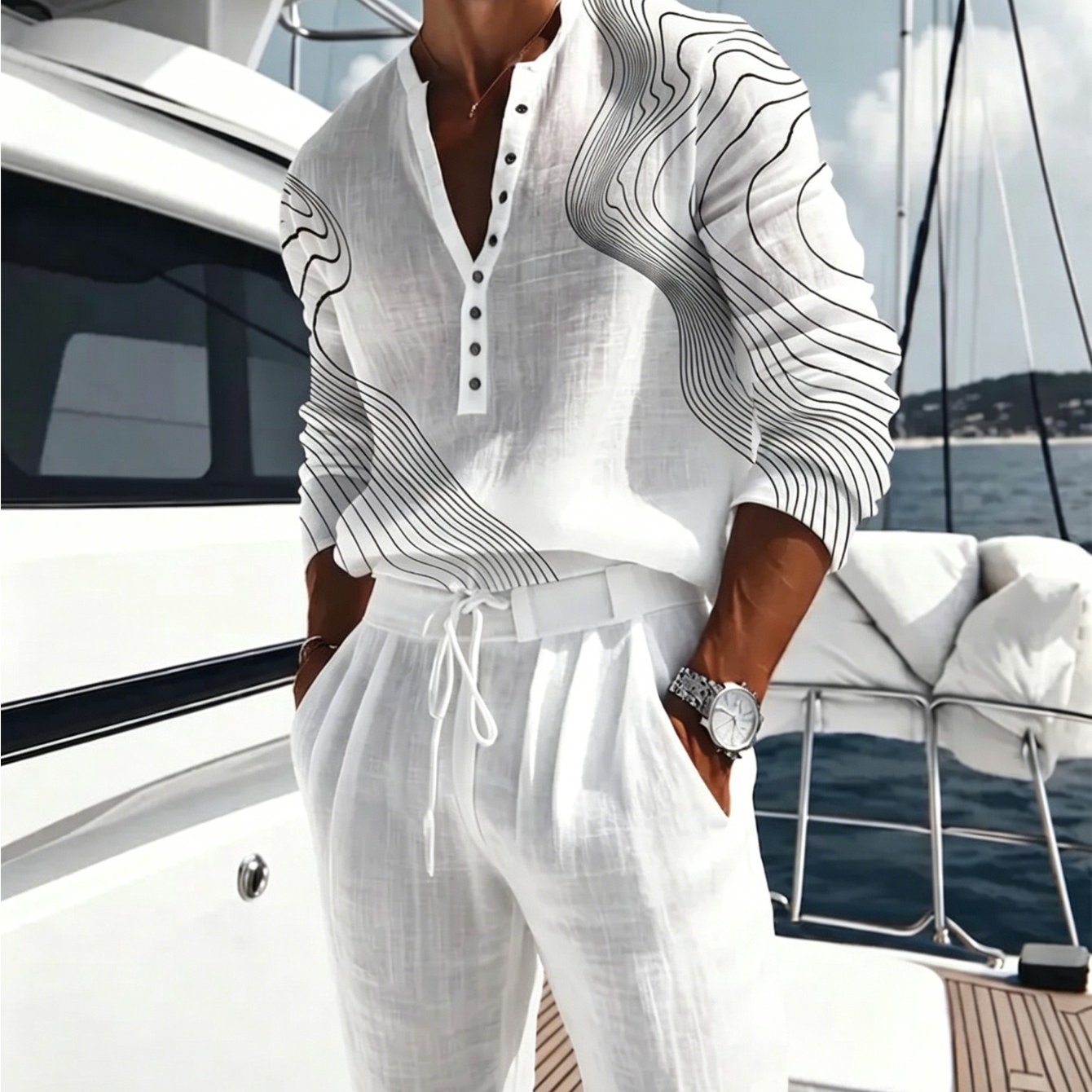 Image of Men'-piece Set: Long-sleeve Henley Shirt With Abstract Black Outline Print And Drawstring Waist Solid Color Casual Wide-leg Pants, Yacht And Beach Vacation Set