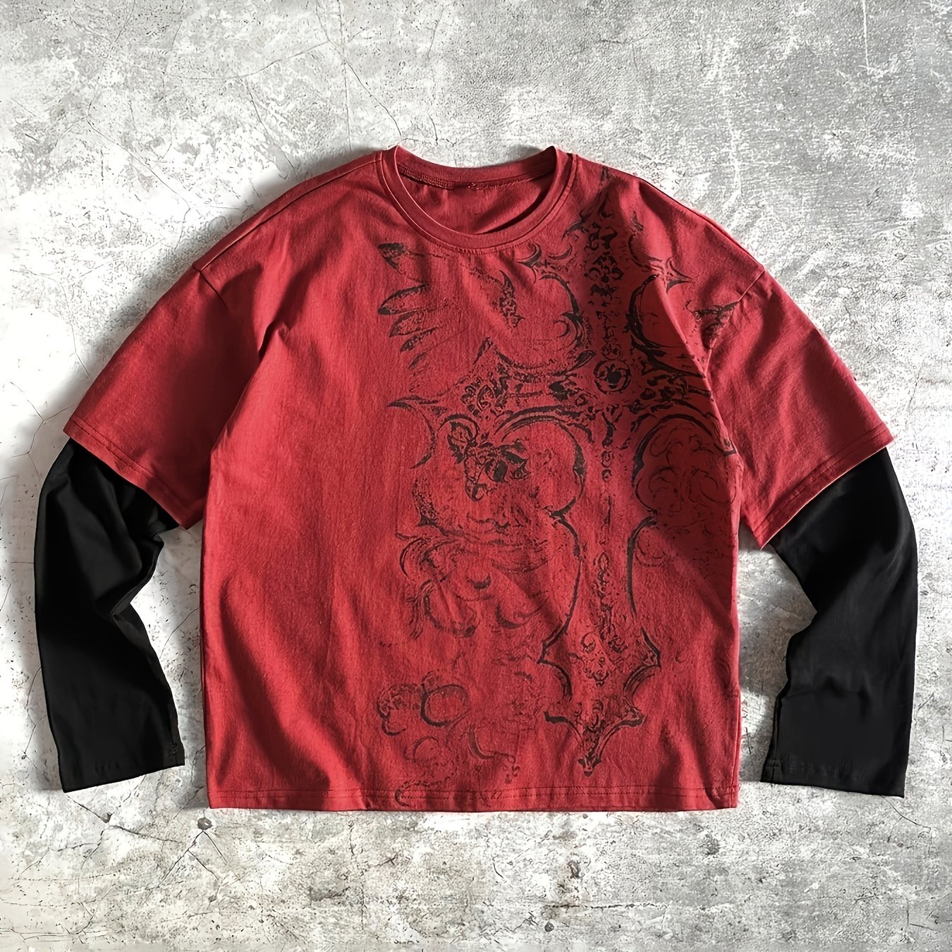 TEMU Women Y2k Fake 2pcs Long Sleeve T-shirt, Gothic Ornament Print Round Neck Crop Top, Color Block Splicing Loose Drop Shoulder Alt Streetwear