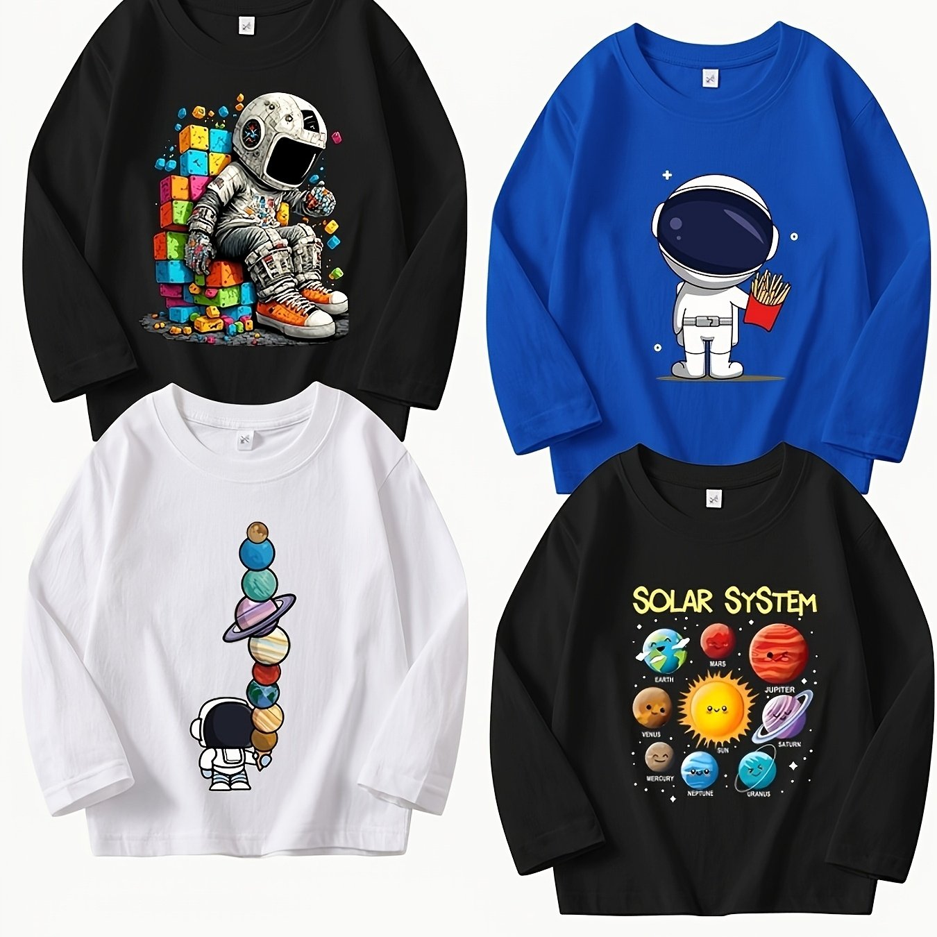 Image of 4pcs Set Boys' Cotton Long-sleeve T-shirts, New Autumn Comfortable Tops, Cotton Casual T-shirts, Kids' Basic Long-sleeve Tops, Astronaut Print Tops, 4pcs Cotton