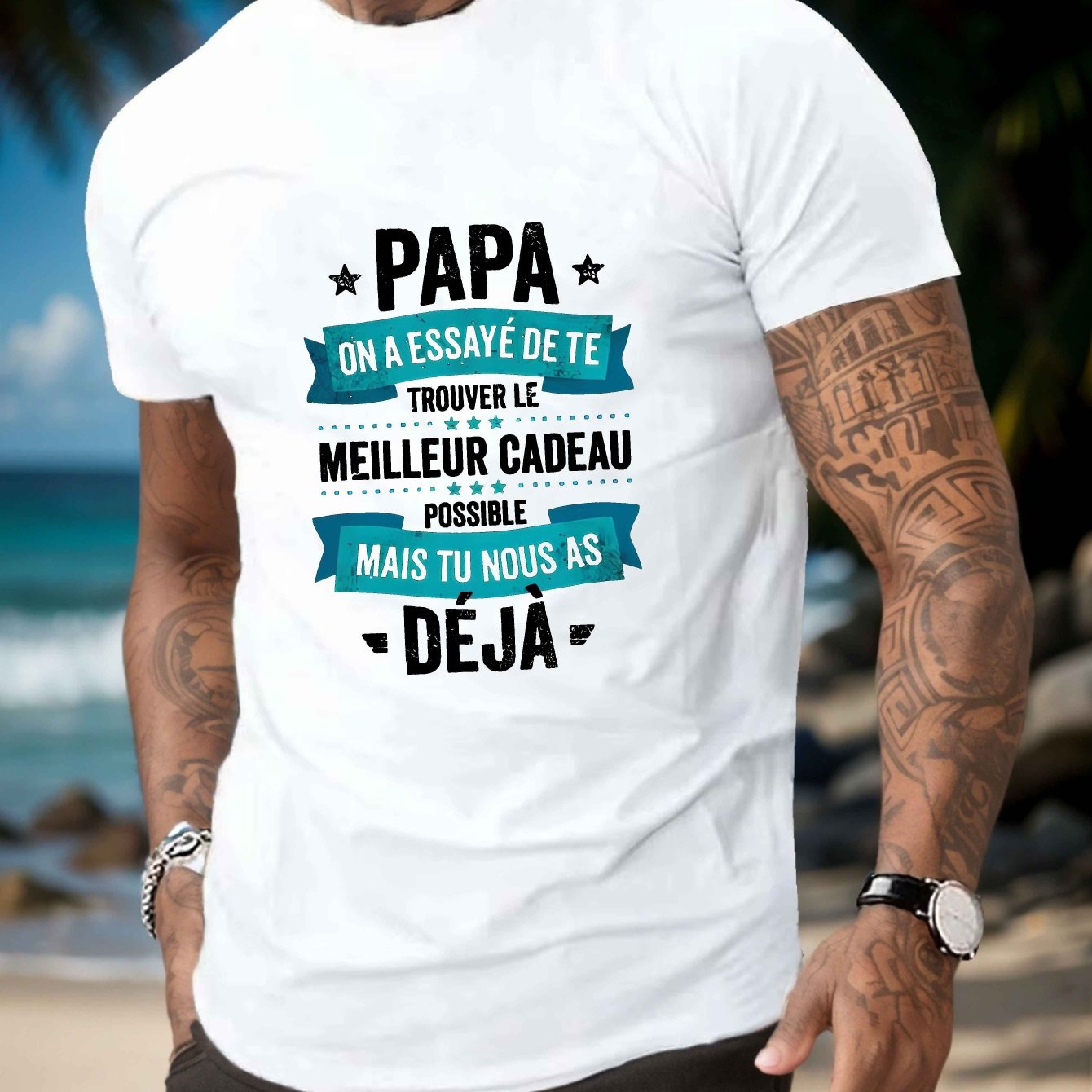 TEMU T-shirt Décontracté pour Homme avec PAPA Français - Polyester Respirant, Manches Courtes, Col Rond pour l'Été