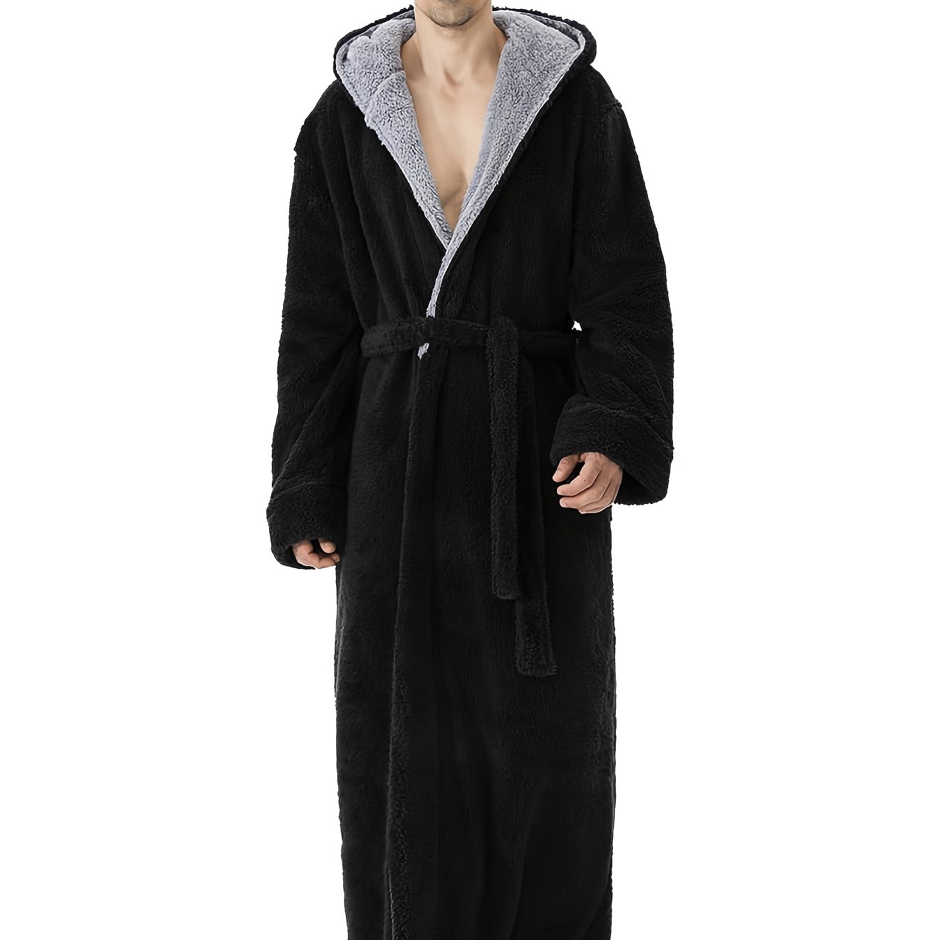 TEMU Men's Cozy Black Velvet Hooded Robe With Belt - Soft, Thickened Long Nightgown For Autumn And Winter, Machine Washable, Perfect Gift Idea, Cozy