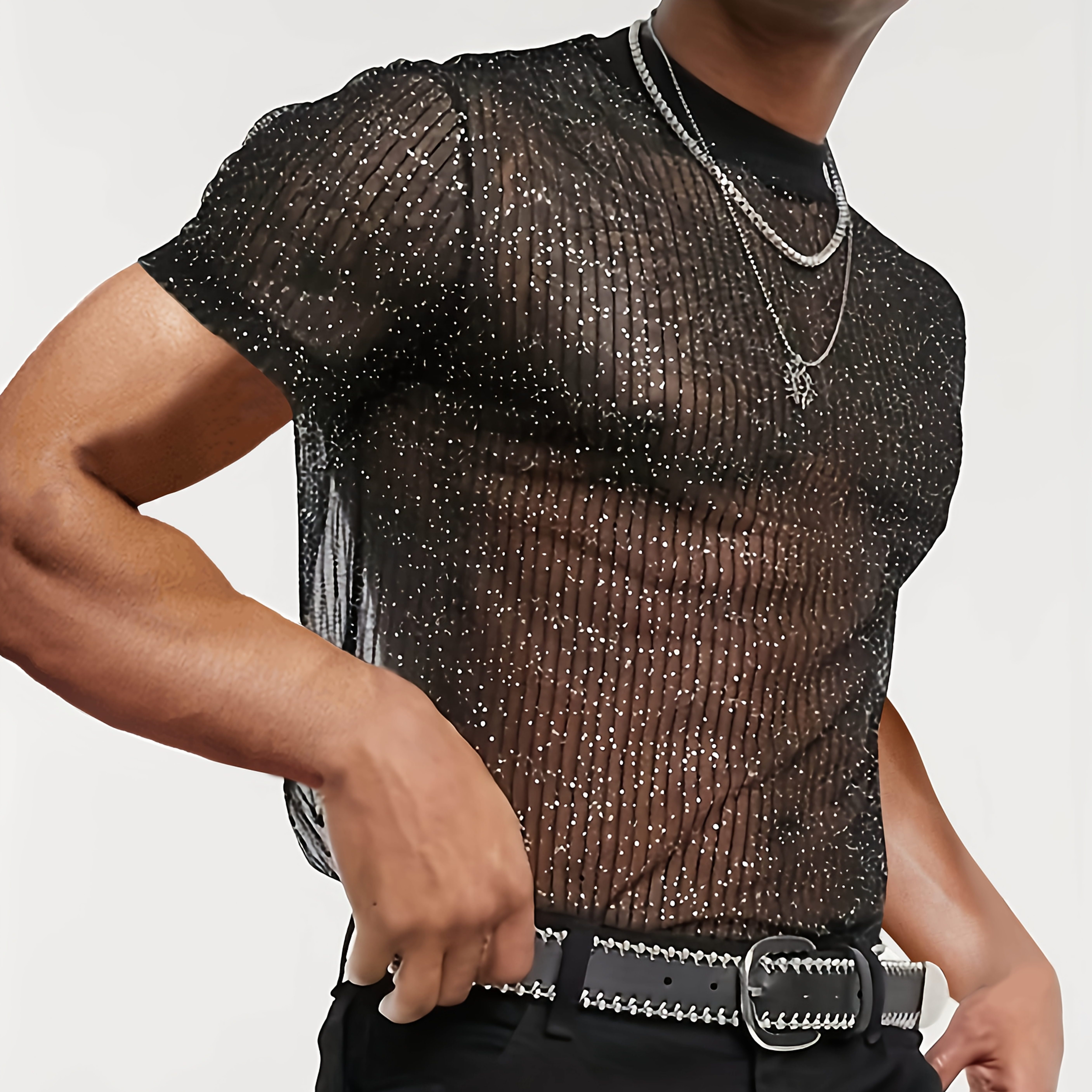 Image of Men's Summer Casual Sexy Semi-sheer Short Sleeve Crew Neck T-shirt, Suitable For Casual And Festivals, Machine Washable Dry . Wt9165