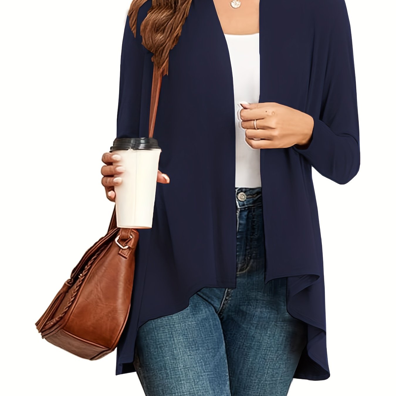 TEMU Elegant Solid Color Women's Front Open Casual Long Sleeve Lightweight Draped Cardigan