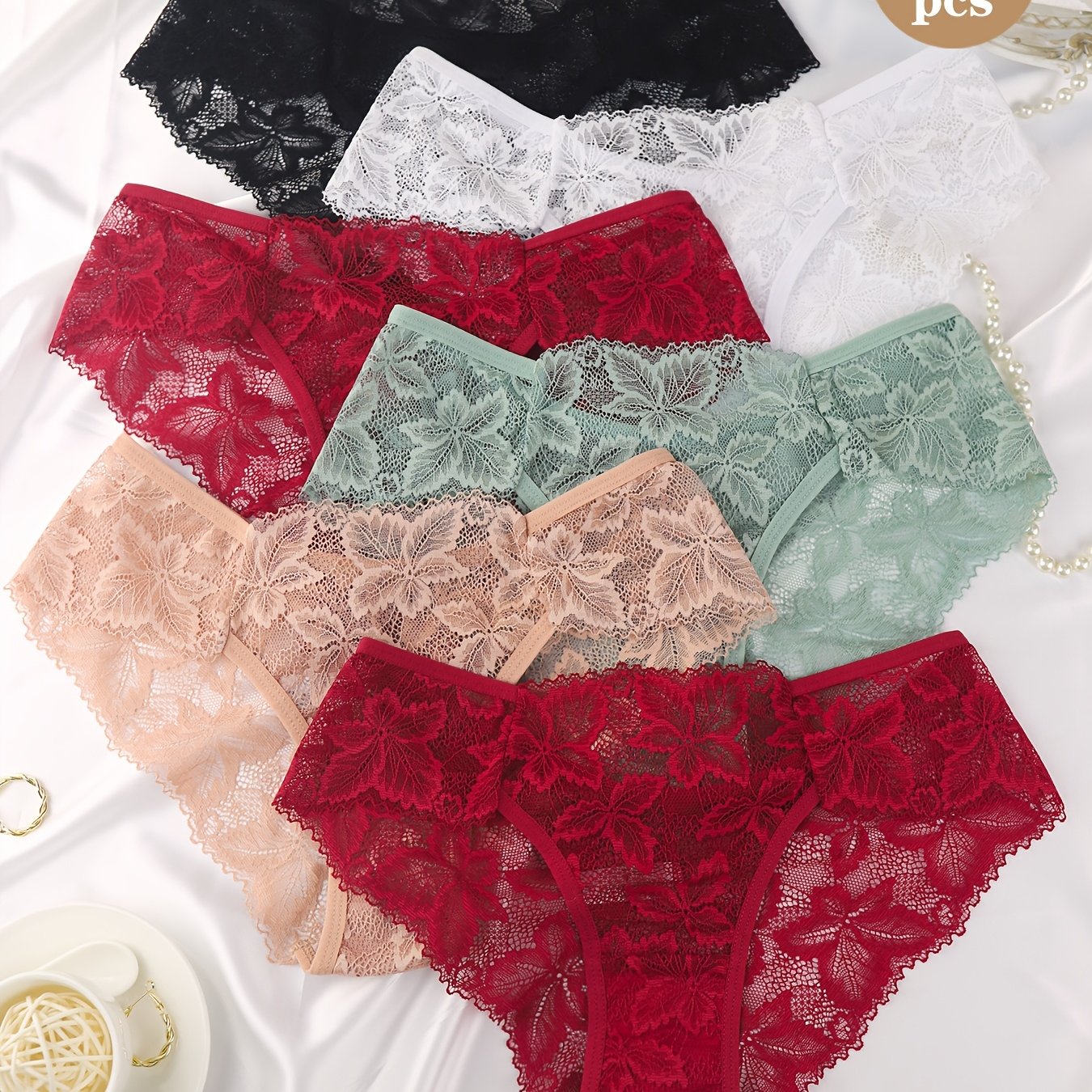 Image of 6pcs Set Women's Floral Lace Briefs Low--elastic Soft Panties, Floral Lace Trim Underwear, Breathable Pure Crotch, Combination 's Intimate Apparel
