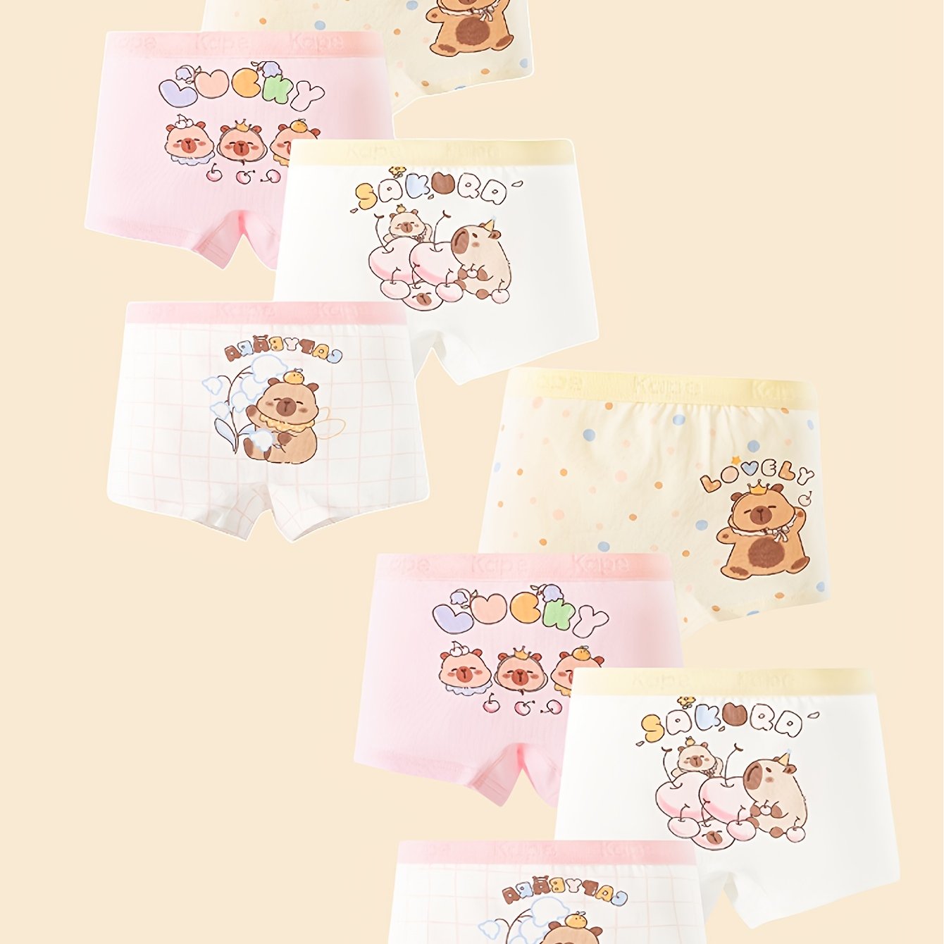 Image of A Set Of 8 Cute Capybara Patterned Boyshorts, Made From Skin-friendly, Breathable, And Stretchy Fabric, Ideal For Toddlers And Young Girls To Wear In , Knit
