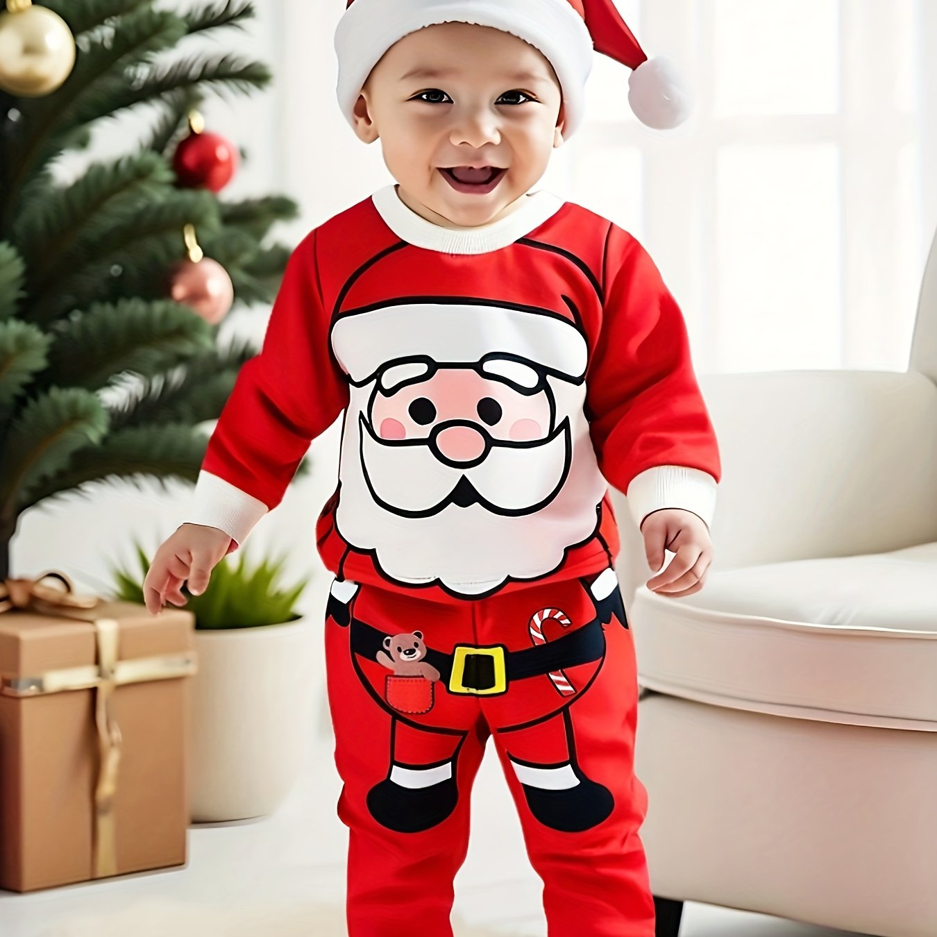 Image of Baby Boy Clothes European And American Baby Boy Autumn And Winter Popular Santa Claus Print Hoodie Set, For Outdoor, Christmas, Halloween