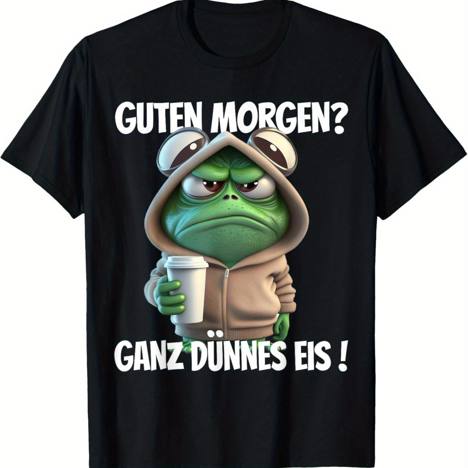 E-shop T-Shirt für Damen & Herren mit deutschem Spruch „Guten Morgen? Eis dünn!“ mit grünem & deutschem Slogan – Lustiges Rundhals-Shirt, geeignet für