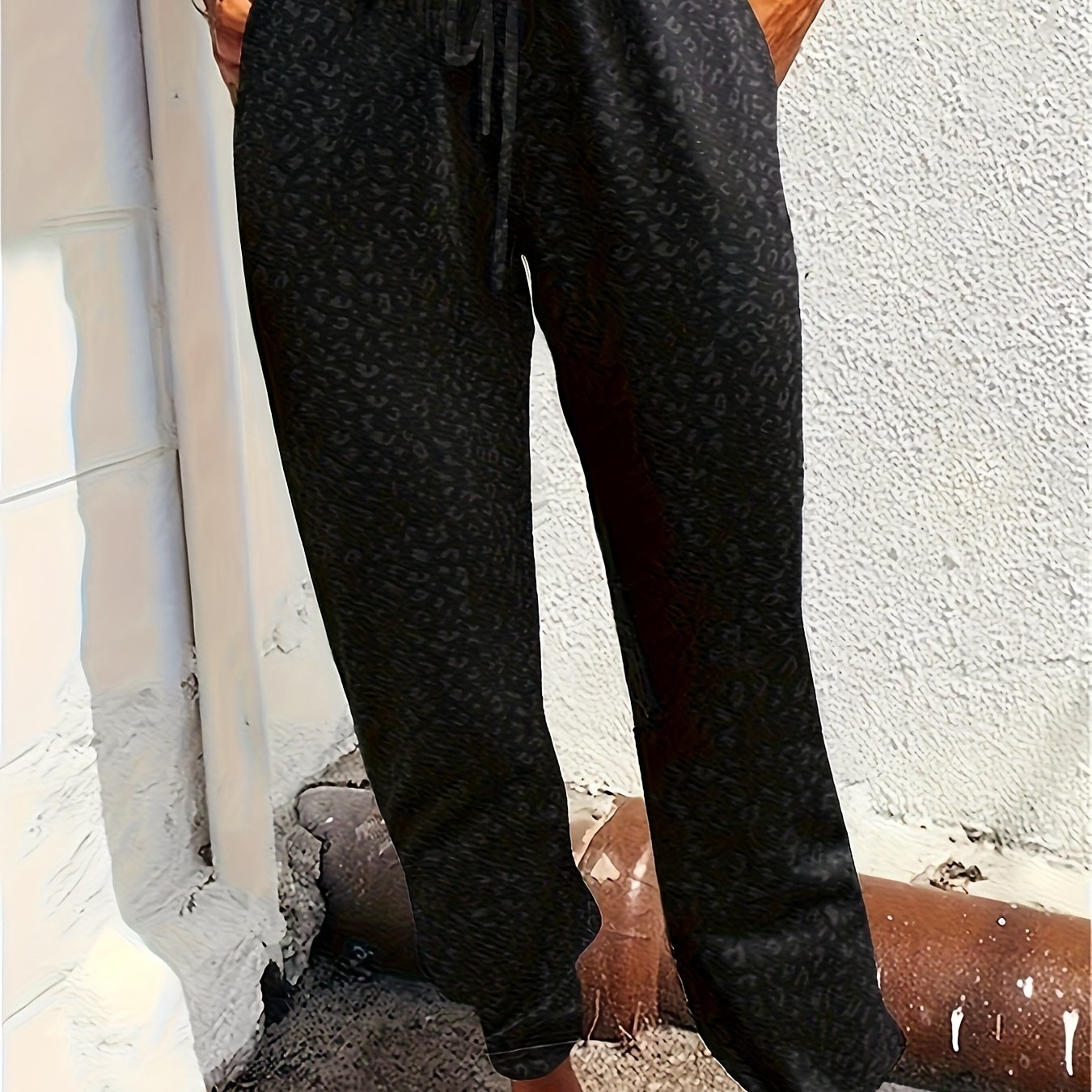Leopard Print Sexy Straight Leg Pants, Drawstring Pocket Mid-stretch Waist Joggers Trousers, Women's Clothing