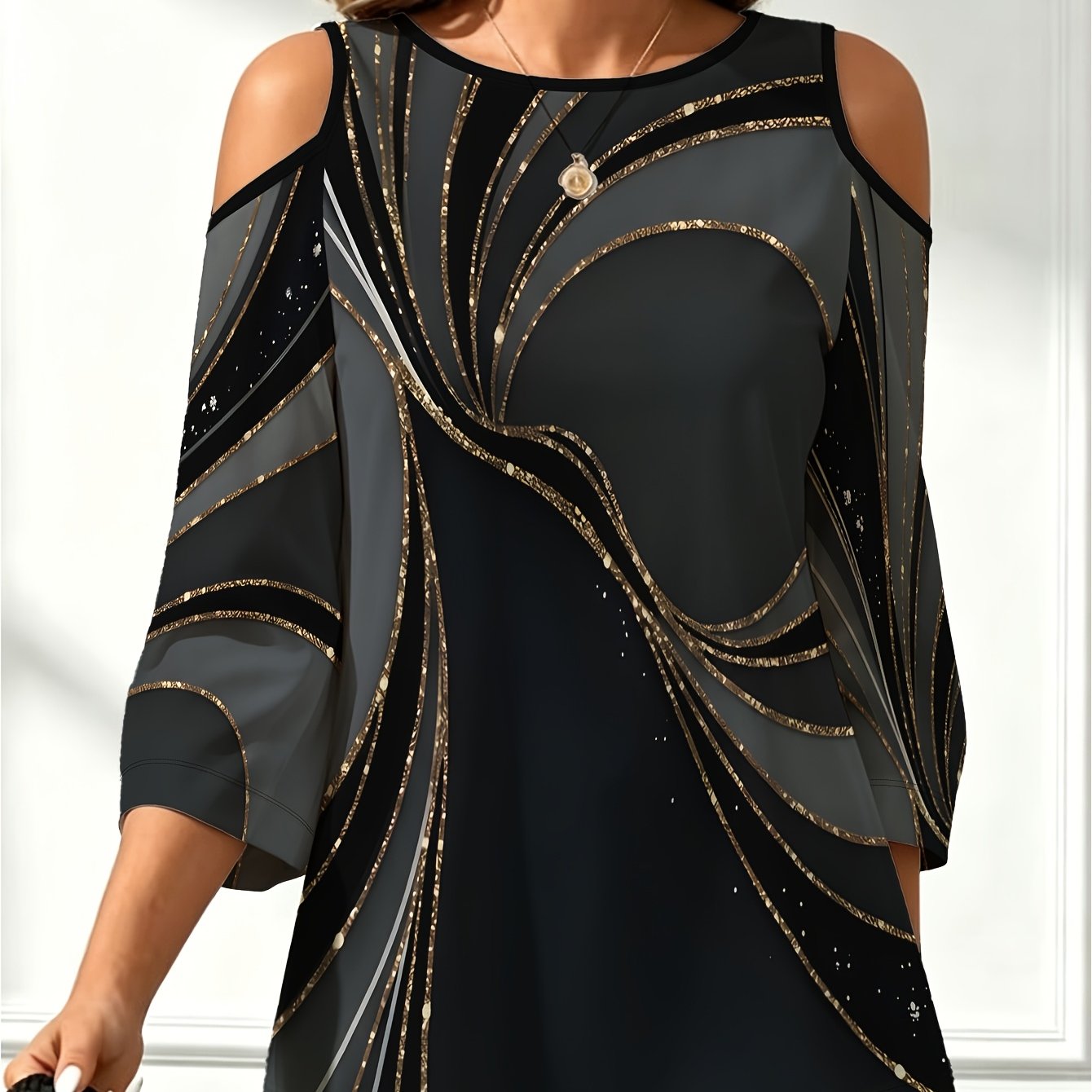 TEMU Women's Summer Fashion Off-shoulder Three-quarter Sleeve T-shirt, Black-gray Base With Golden Glitter , Light Luxury High-, Loose Fit And