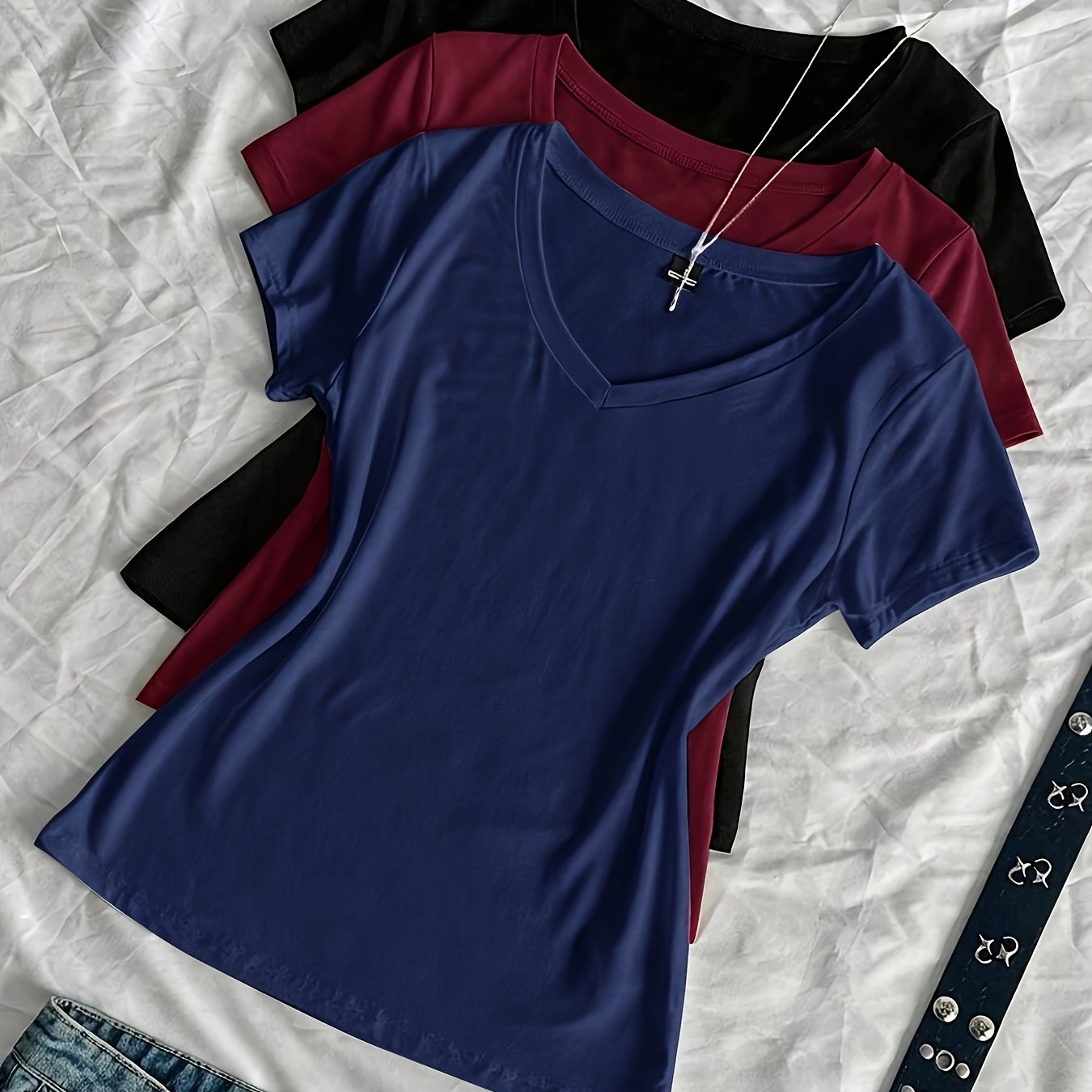 TEMU 3pcs Set Women's Summer V-neck Body-hugging T-shirt, Solid Color Basic V-neck Short-sleeve Slim-fit T-shirt