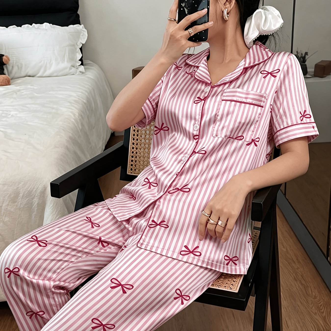 TEMU Women's 2pcs Y Pink Striped Bow Print Pajama Set, With Pockets, Casual And , Pink Striped Bow Print Short-sleeve Top And Long Pants, Casual And