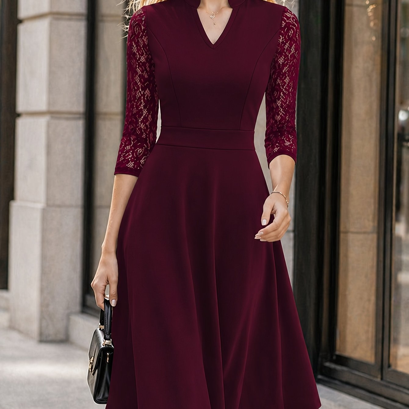 E-shop Damen-Slim-Fit-Kleid, Elegantes Schnittdesign, Ideal für Pendeln Partys, Langarm mit Spitzendetails, Taillenbetonendes Design, Mittellang für