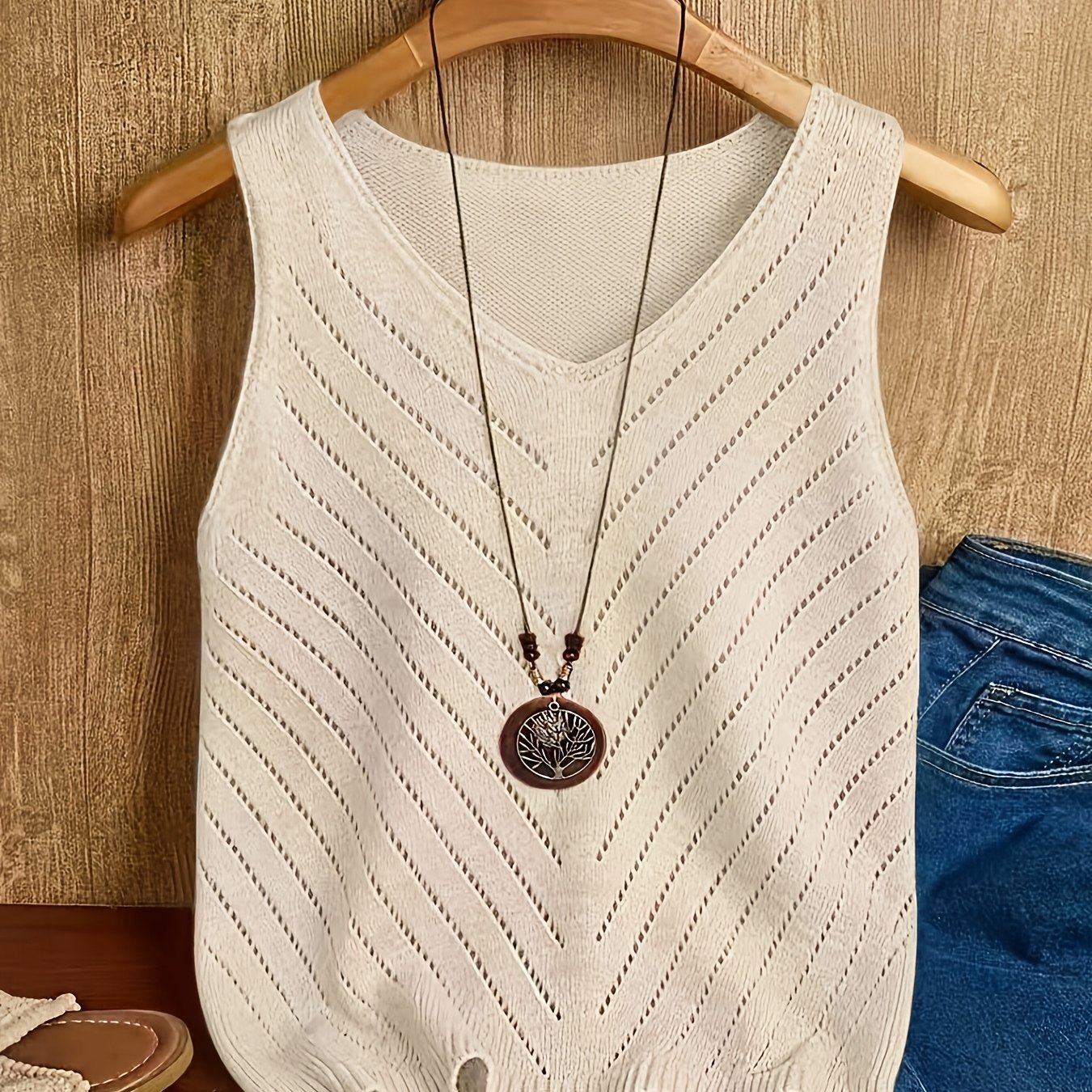 TEMU Essential Women's Vacation Beach Tank Top, Early Autumn Solid Color Hollow-out Sleeveless Top, Lightweight Breathable Versatile Outerwear And