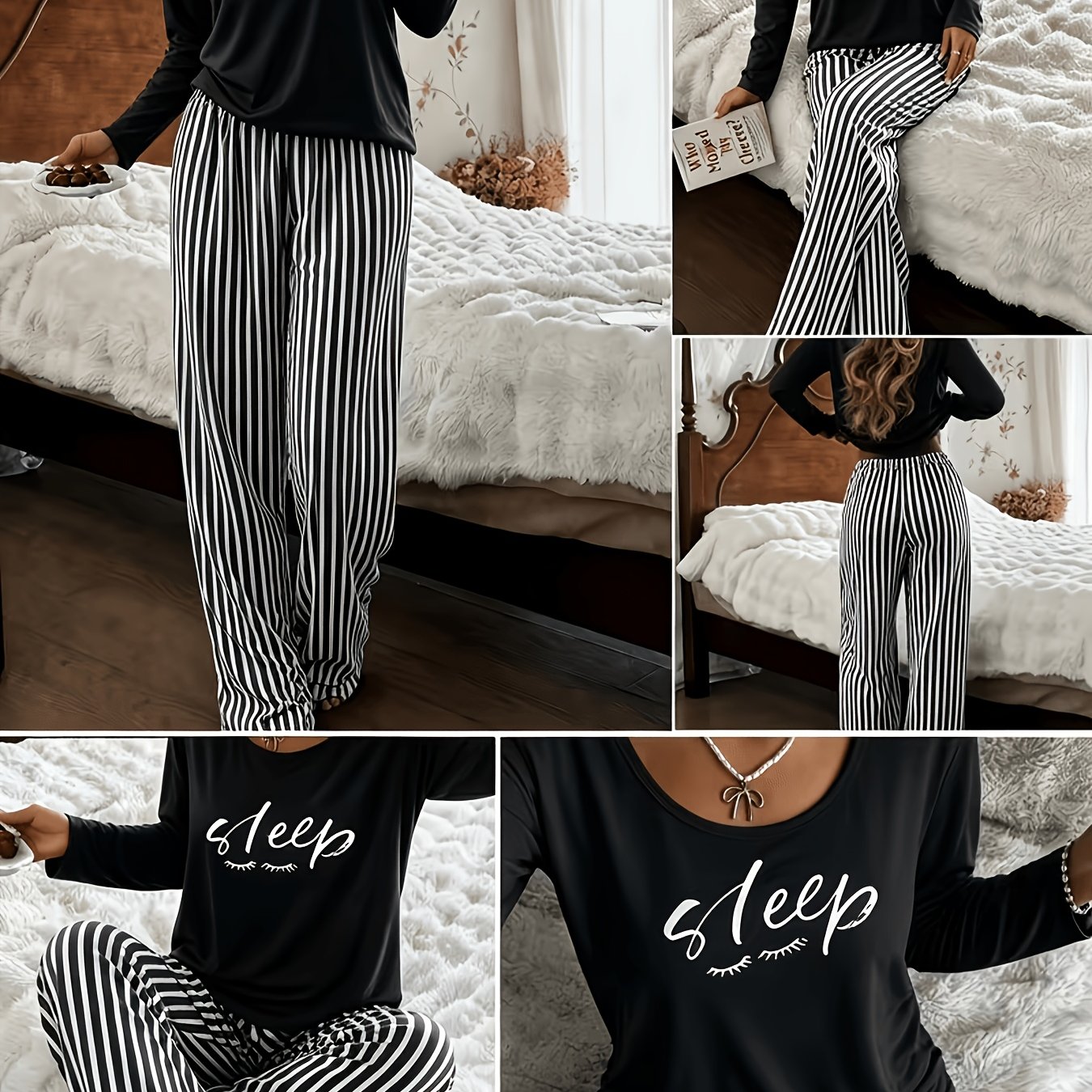 TEMU Women's 2pcs Pajama Loungewear Set, Casual Sleepwear Set, Comfortable Homewear Set, For Use, Loose Fit Round Neck Long Sleeve Top And Elastic