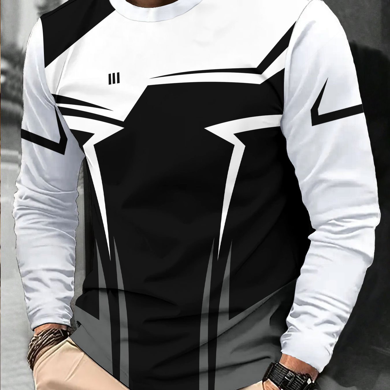 E-shop Trendiges Patchwork Herren Langarm T-Shirt - Unregelmäßiges und Grau Patchwork Design, Scharfe Linien, Trendiger und Cooler Style, einen