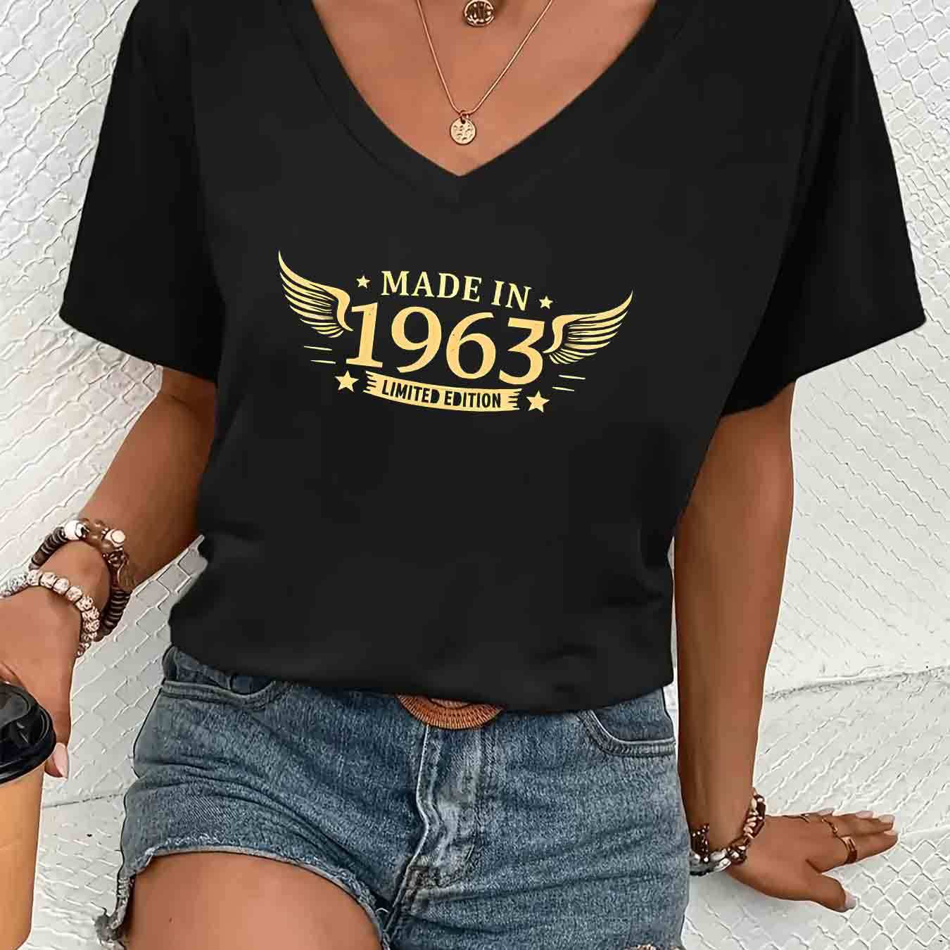 TEMU 1 T-shirt élégant à col en V et manches courtes pour femmes, fabriqué dans un tissu, avec un style décontracté adapté à toutes , et un imprimé