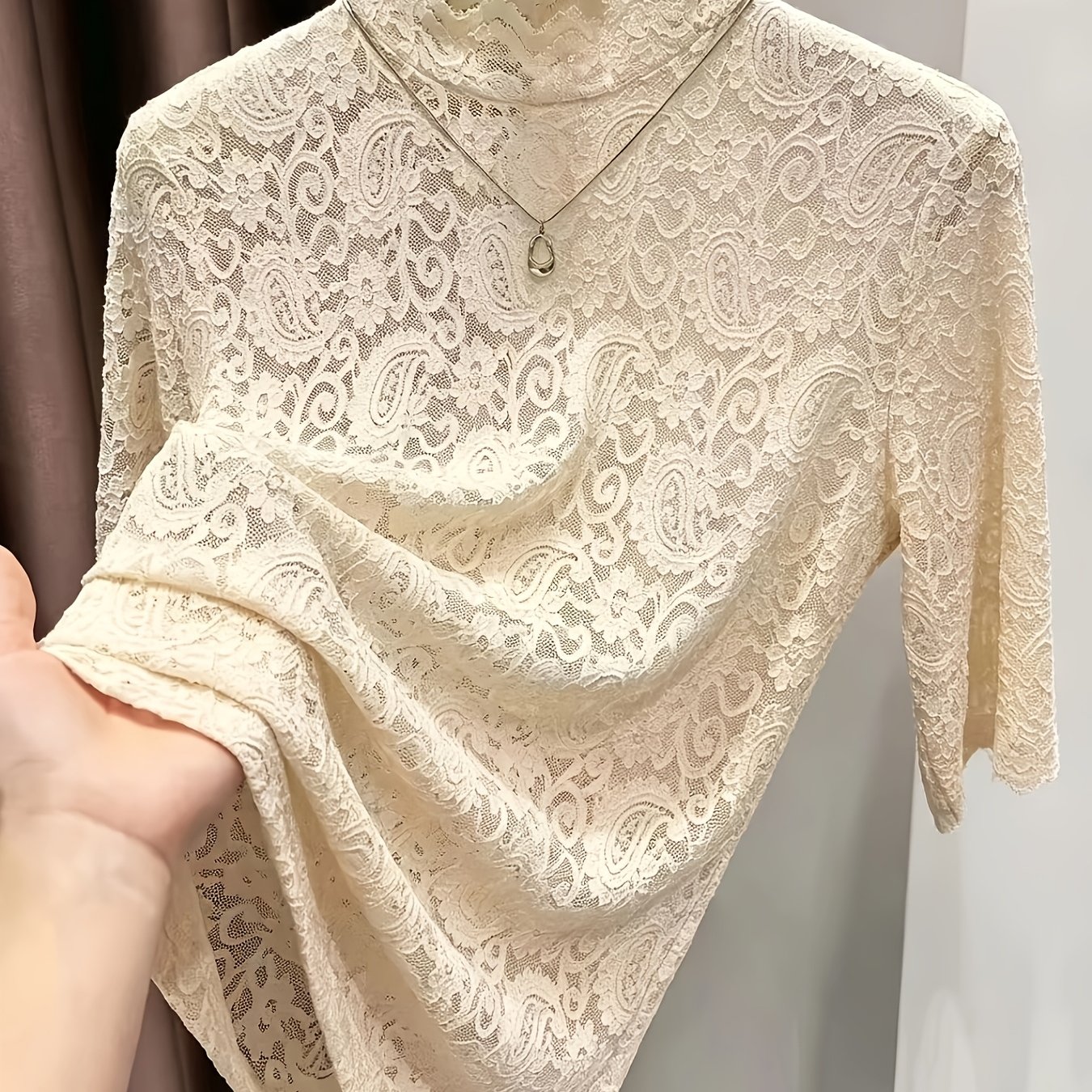 TEMU New Hollow Out Temperament Lace Women's Semi-high Collar Mid-sleeve T-shirt