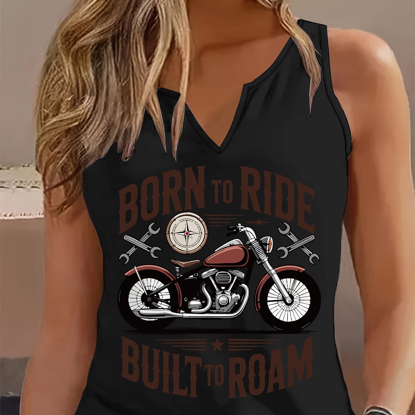 TEMU (052#) Débardeur Tendance Femme, Haut Manches Motif Moto , Design Slogan Moto Tendance, Style Décontracté