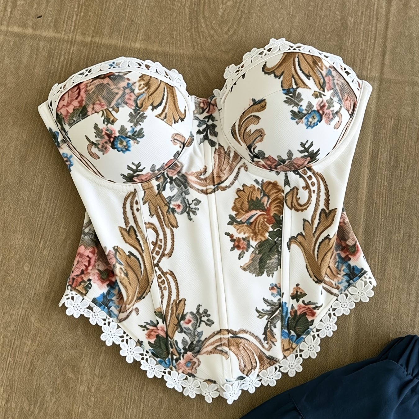 TEMU Haut à imprimé floral élégant, Vêtements élégants pour femmes, Bustier moulant pour femmes, Imprimé floral avec nœud sur le dos, Débardeur court