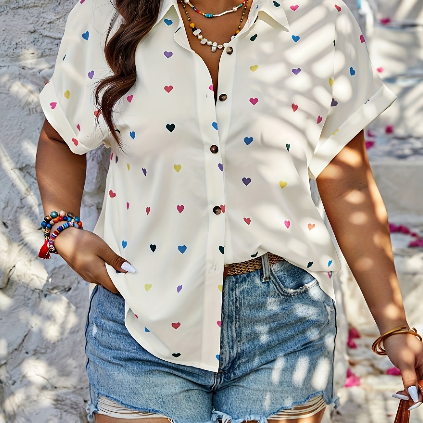 TEMU Heart Print Button Front Shirt, Casual Short Sleeve Blouse For Spring & Summer, Women's Clothing