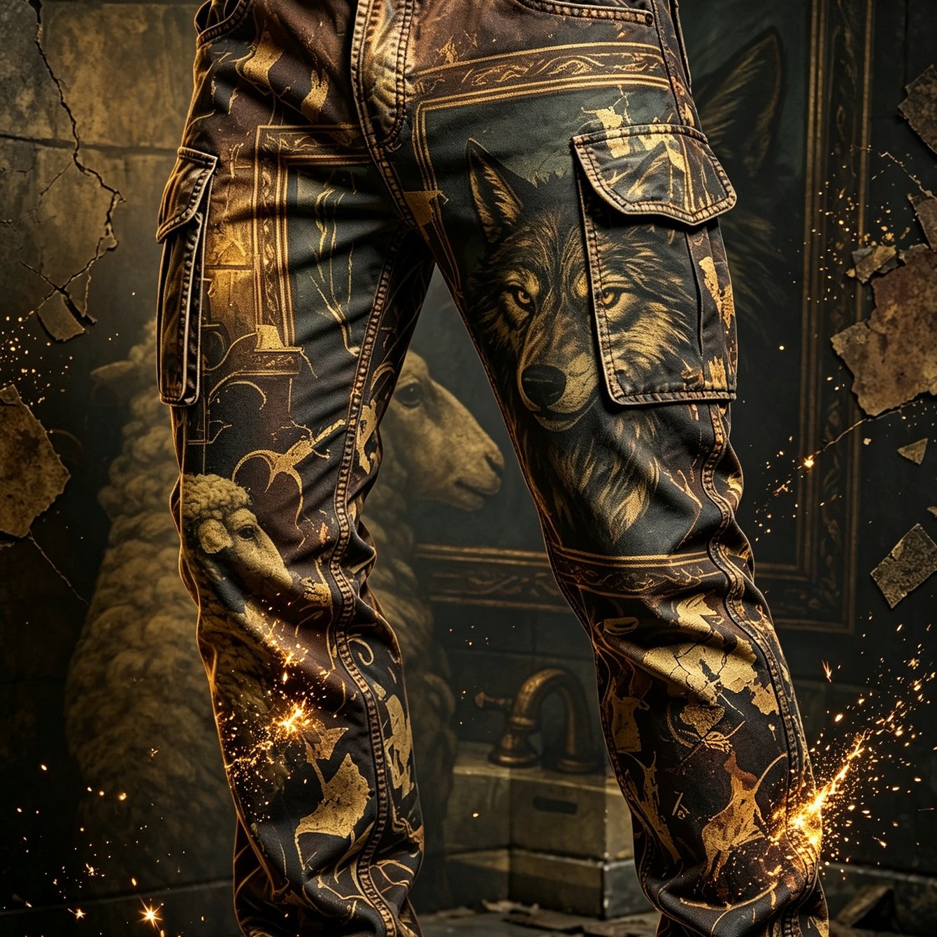 Image of Outfits Teen Tactical Wolf Print Cargo Pants - Full-body Digital Wolf & Suitable For Multi-pocket Trousers, Machine Washable Outdoor Pants For Camping, Fishing, School, (regular Fit, Mid-rise) - Gift