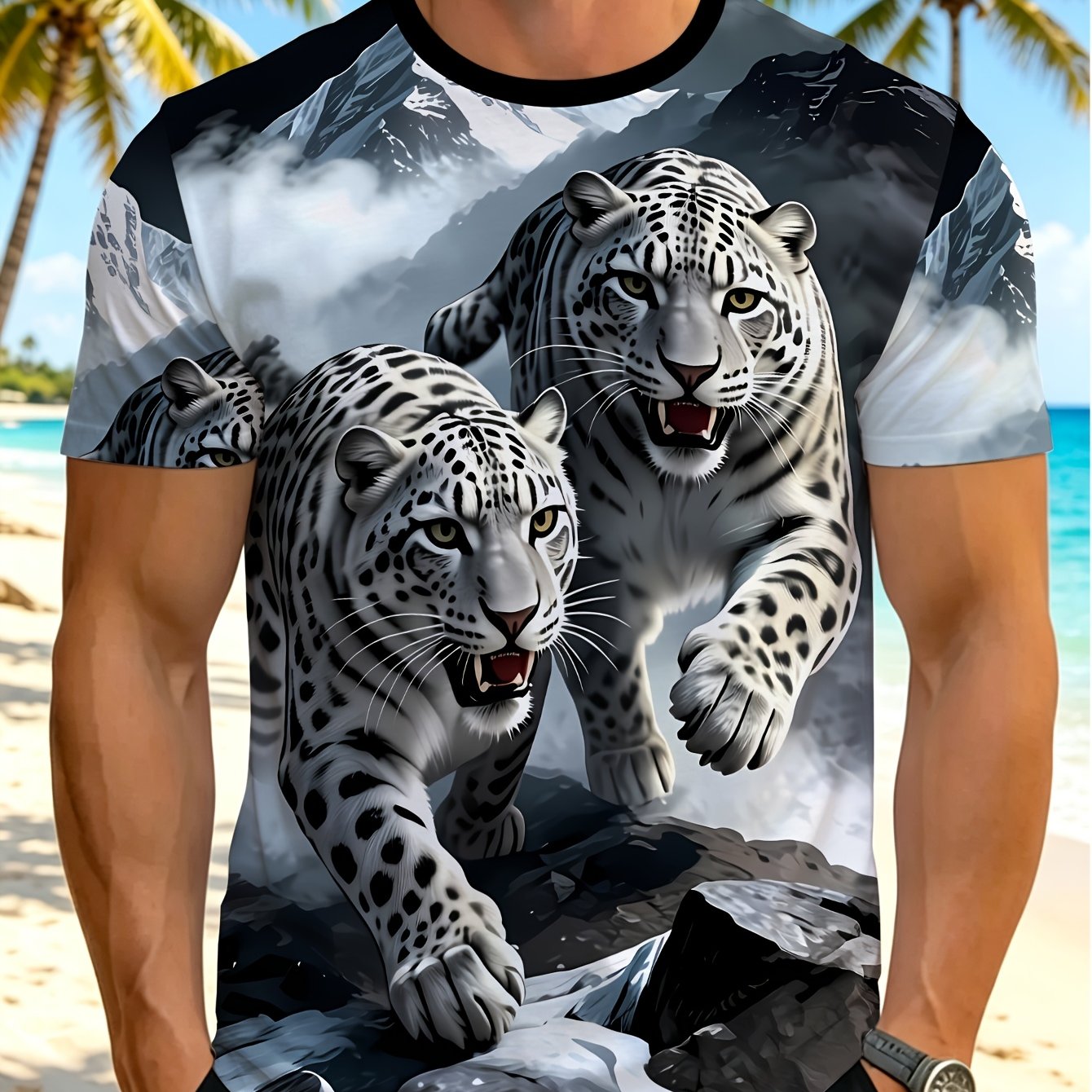TEMU [print Design - Not Textured] Men's T-shirt, Realistic Snow Leopard Short Sleeve Tee, Round Neck Casual Summer Top, Suitable For Leisure And