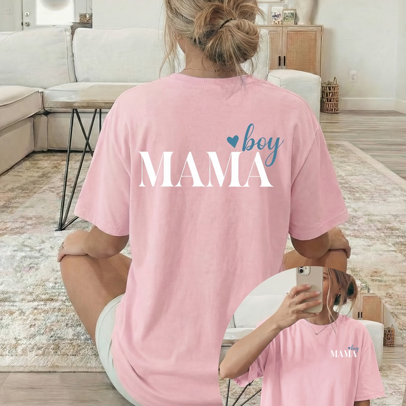 TEMU [front And Back Double-sided Print] White "mama" Lettering With A Blue Heart Pattern, Short-sleeved Crew-neck Casual Top, Suitable For Women's