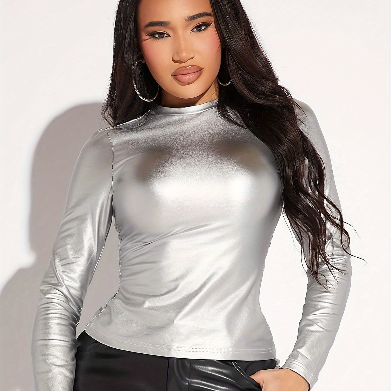 Women's Casual T-shirt, Crew Neck, Solid Color, Knit Fabric, Polyester 95% Elastane 5%, Regular Length, For Spring/summer/fall - 180g/m²