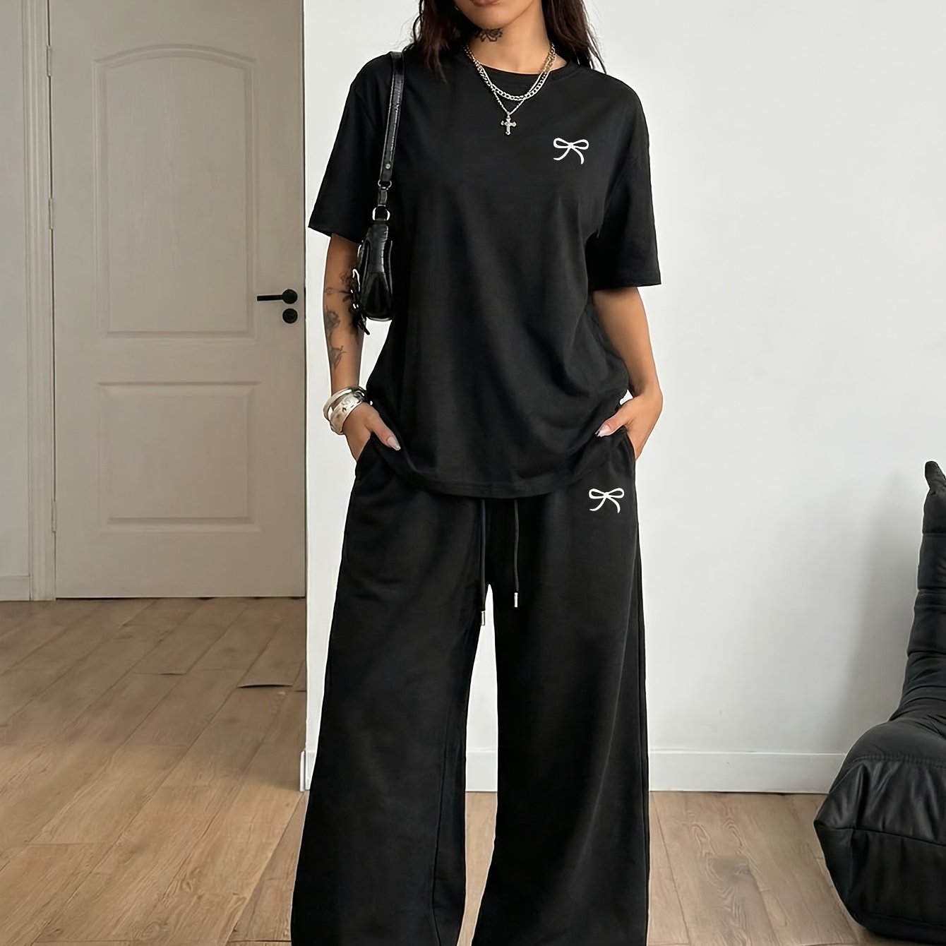 TEMU Women's 2pcs "" Versatile Casual Short Sleeve T-shirt And Drawstring Loose Long Pants Set, Soft Comfortable Niche Hip-hop Y2k All-match Street