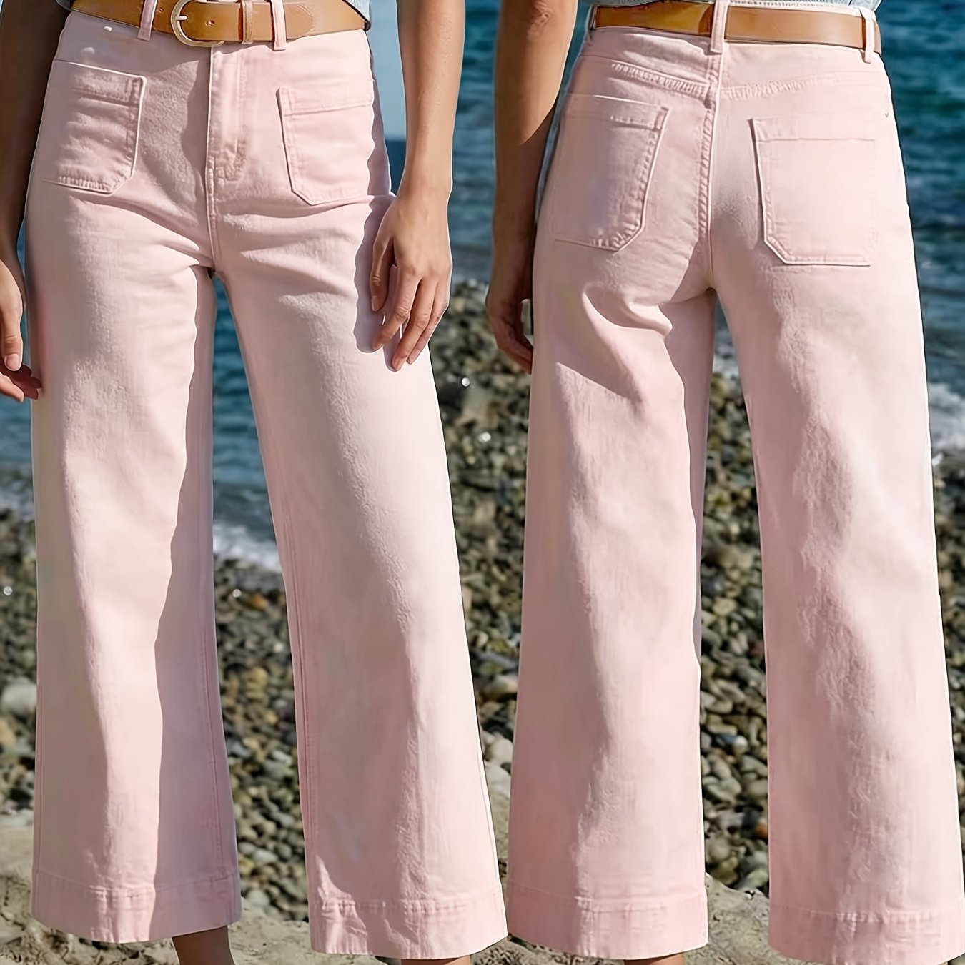 Image of Loose Wide-leg Cropped Pink Jeans For Women, Fashionable And Comfortable Straight-leg Casual Pants With Pockets, Elegant Ladies' Clothing, Trousers Suitable For , Washed Solid-color Denim Pants