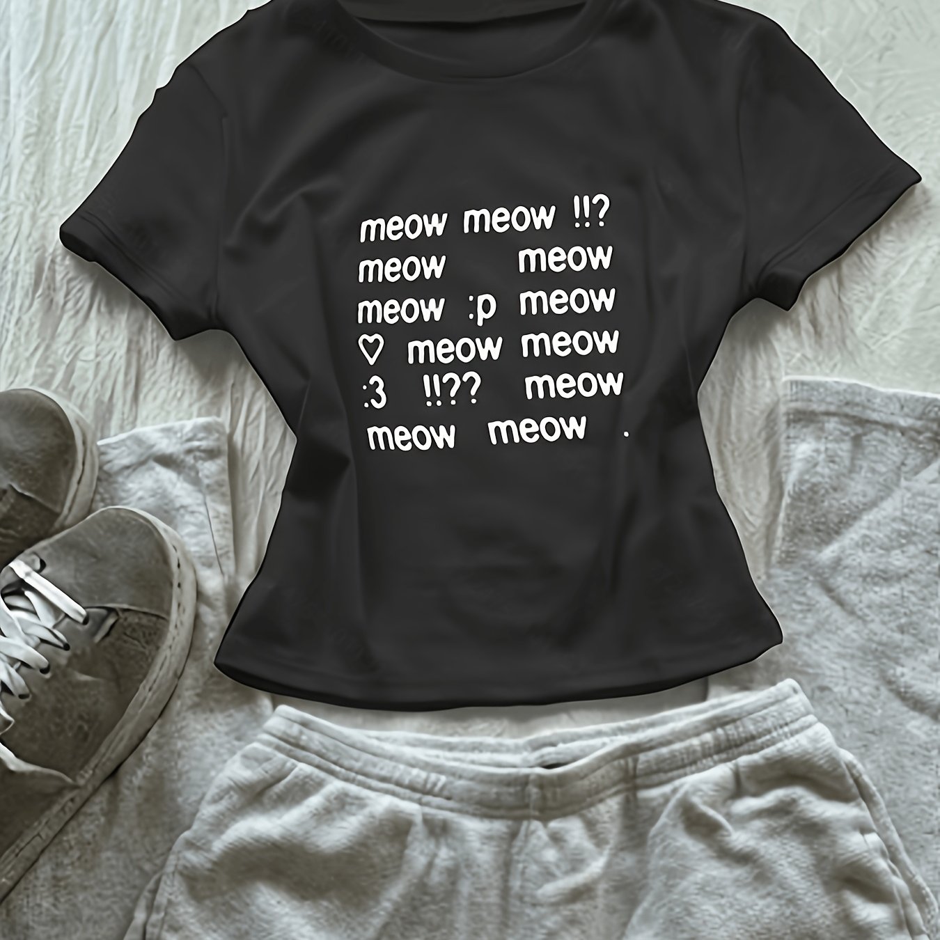 TEMU Women' Y2k Aesthetic Cat T-shirt - Kawaii "nya" Letter Print Short Sleeve Crop Top, Round Neck Casual Blouse For - Wear Suitable For Language &