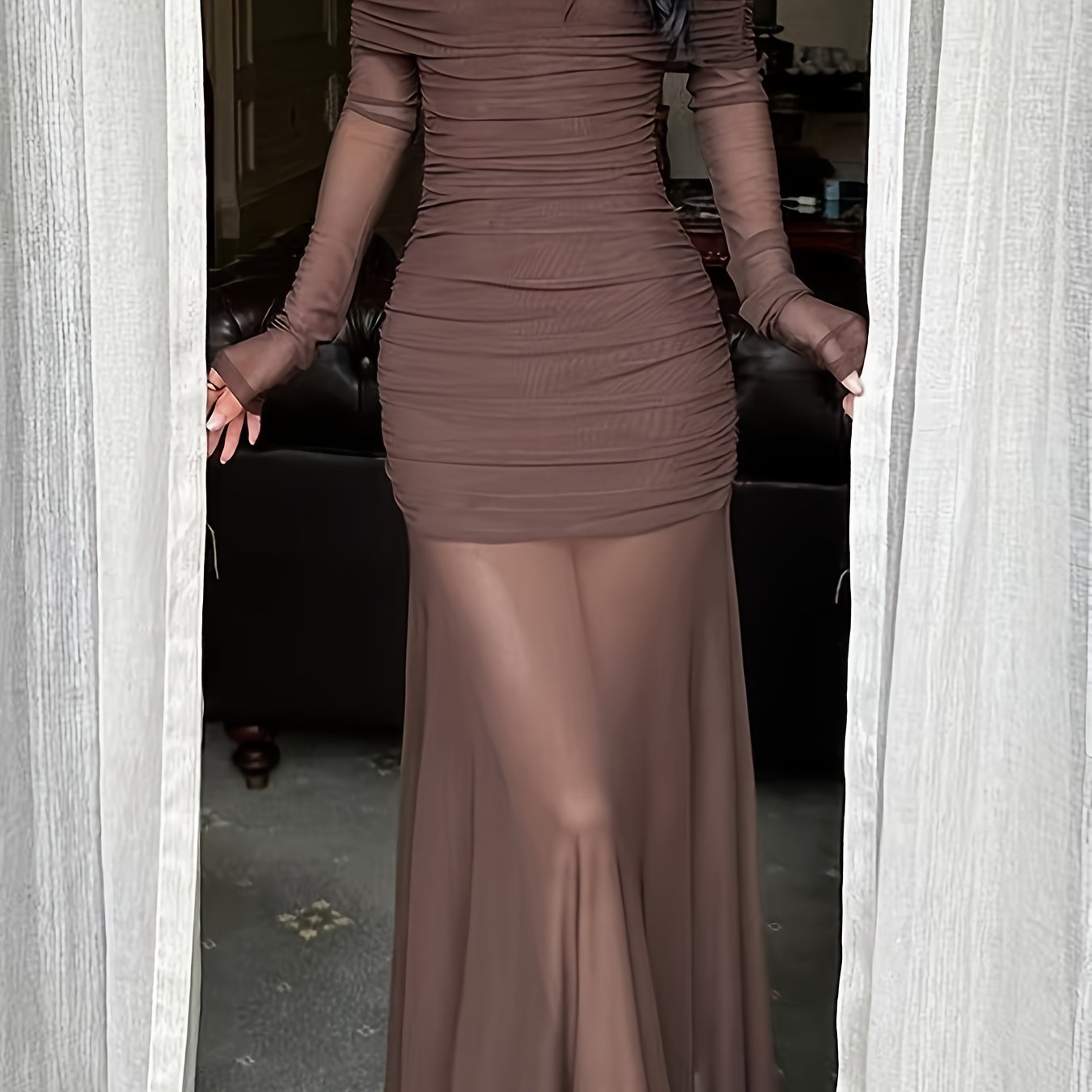 Image of -colored One-shoulder Long-sleeved Dress Autumn And Waist Pleated Mesh Slim Long Skirt Women-ytd